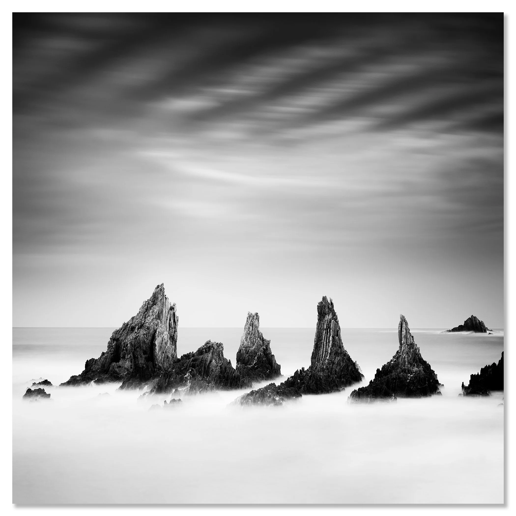 Rocky Peaks Study 4 – Spain as a frameless Dibond-mounted black-and-white seascape print