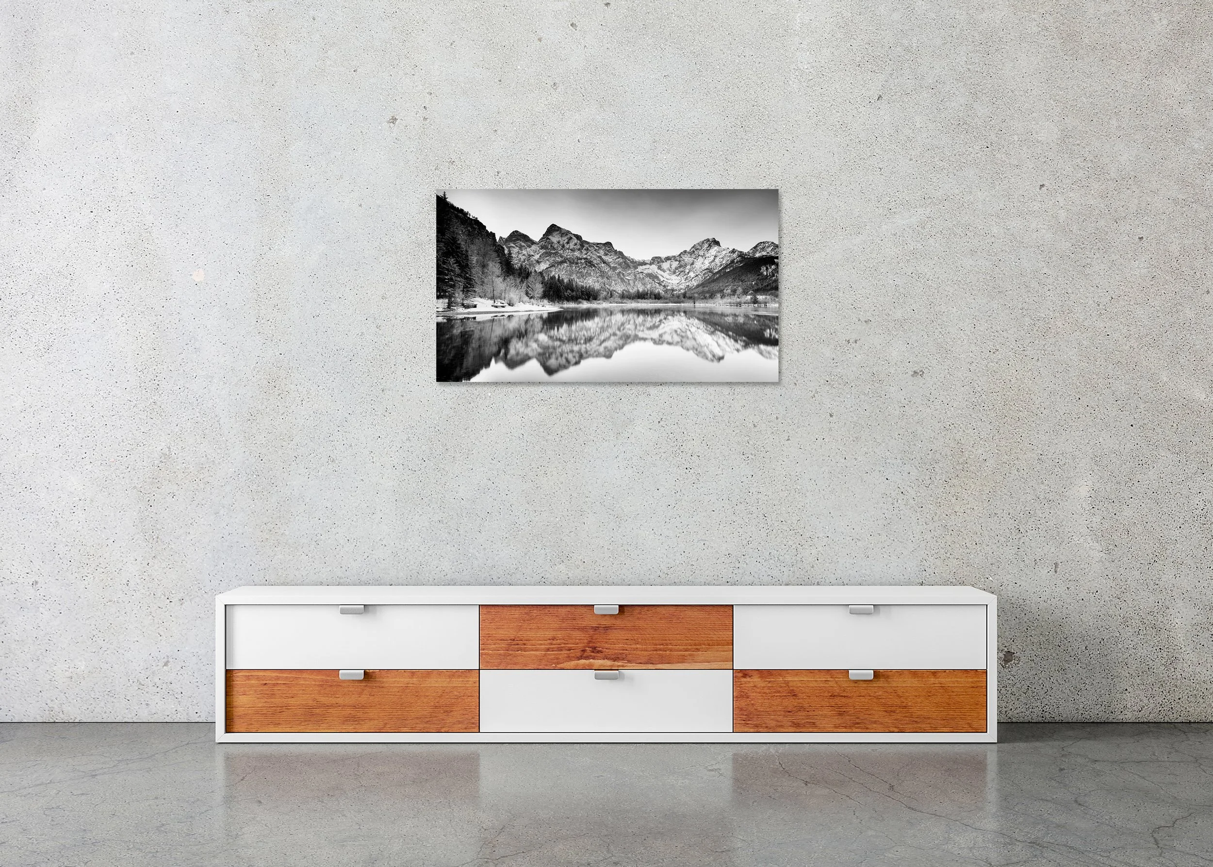Lakeside winter waterscape at Almsee, Austria—panoramic black-and-white mountain landscape on frameless ChromaLuxe metal print.