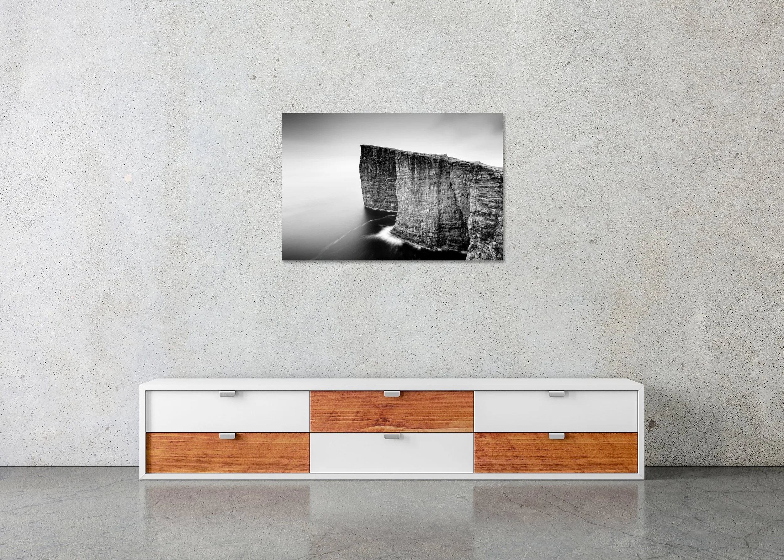 Monochrome Faroe Islands sea cliffs rising from the ocean, photo print mounted to Dibond, frameless wall art