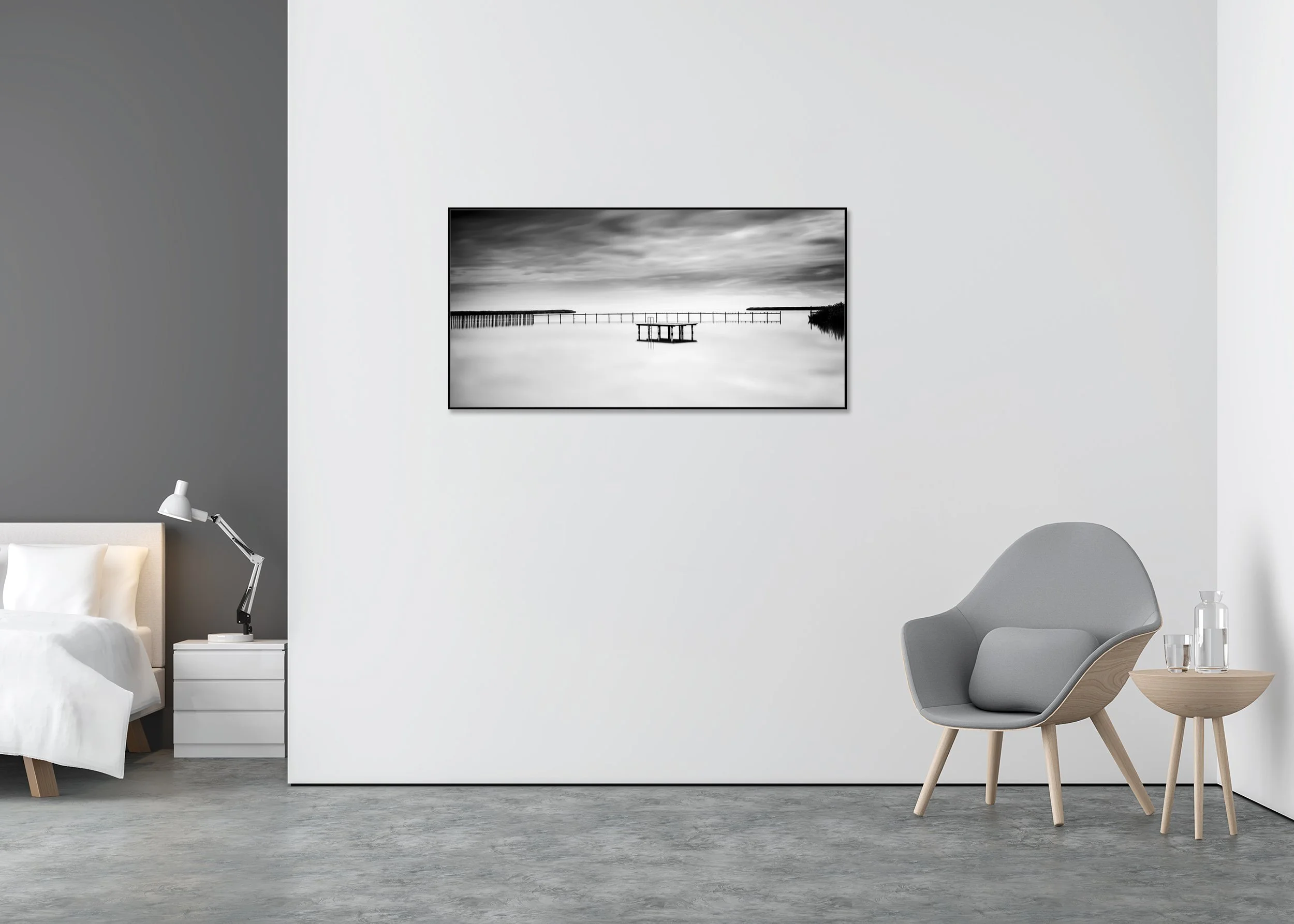 Swimming Area, Panorama Study 2 – black-and-white Dibond print in a black aluminium ArtBox displayed in a minimalist bedroom.
