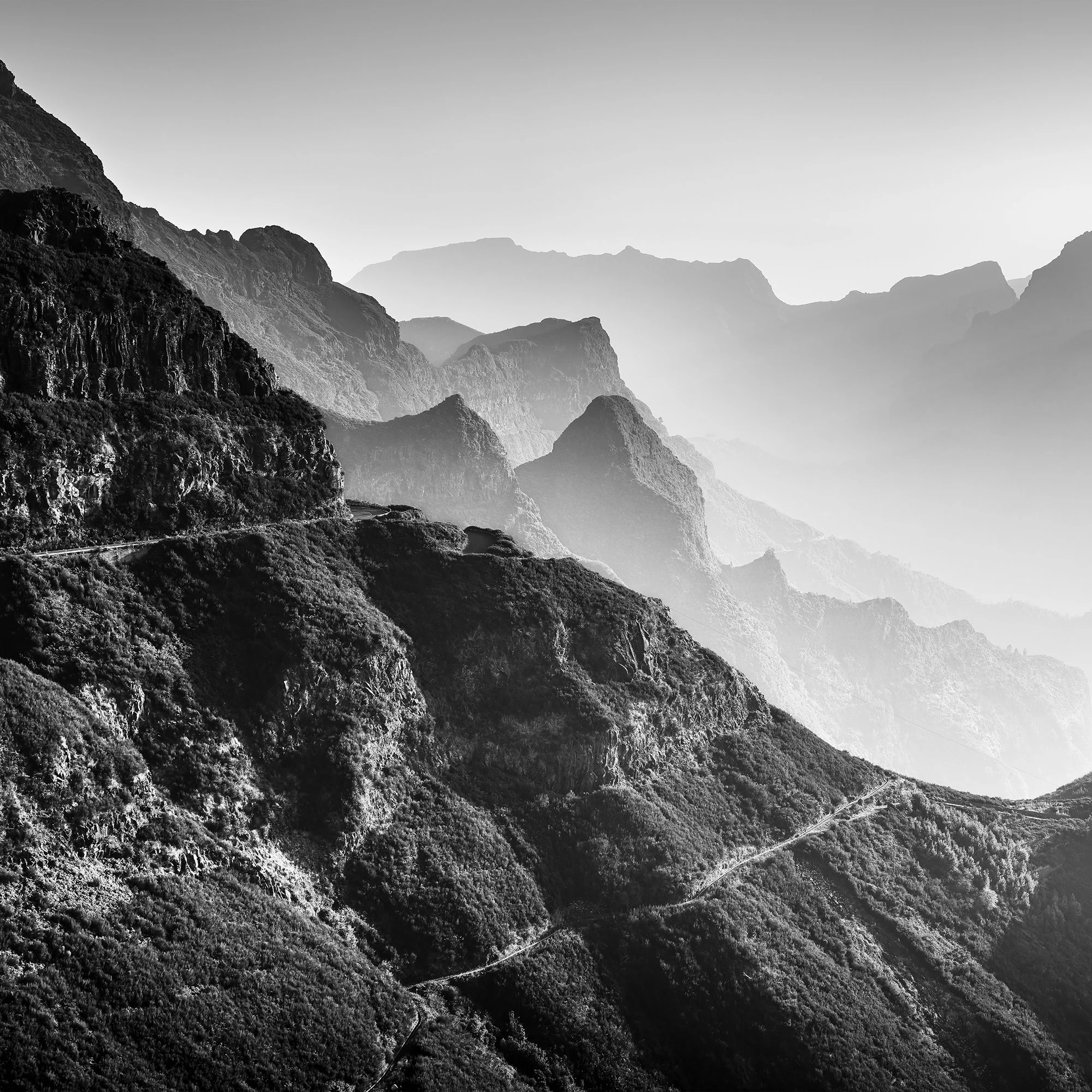 Detail view of Morning Light in the Mountains Study 3 by Gerald Berghammer showing misty mountain ridges in Madeira.