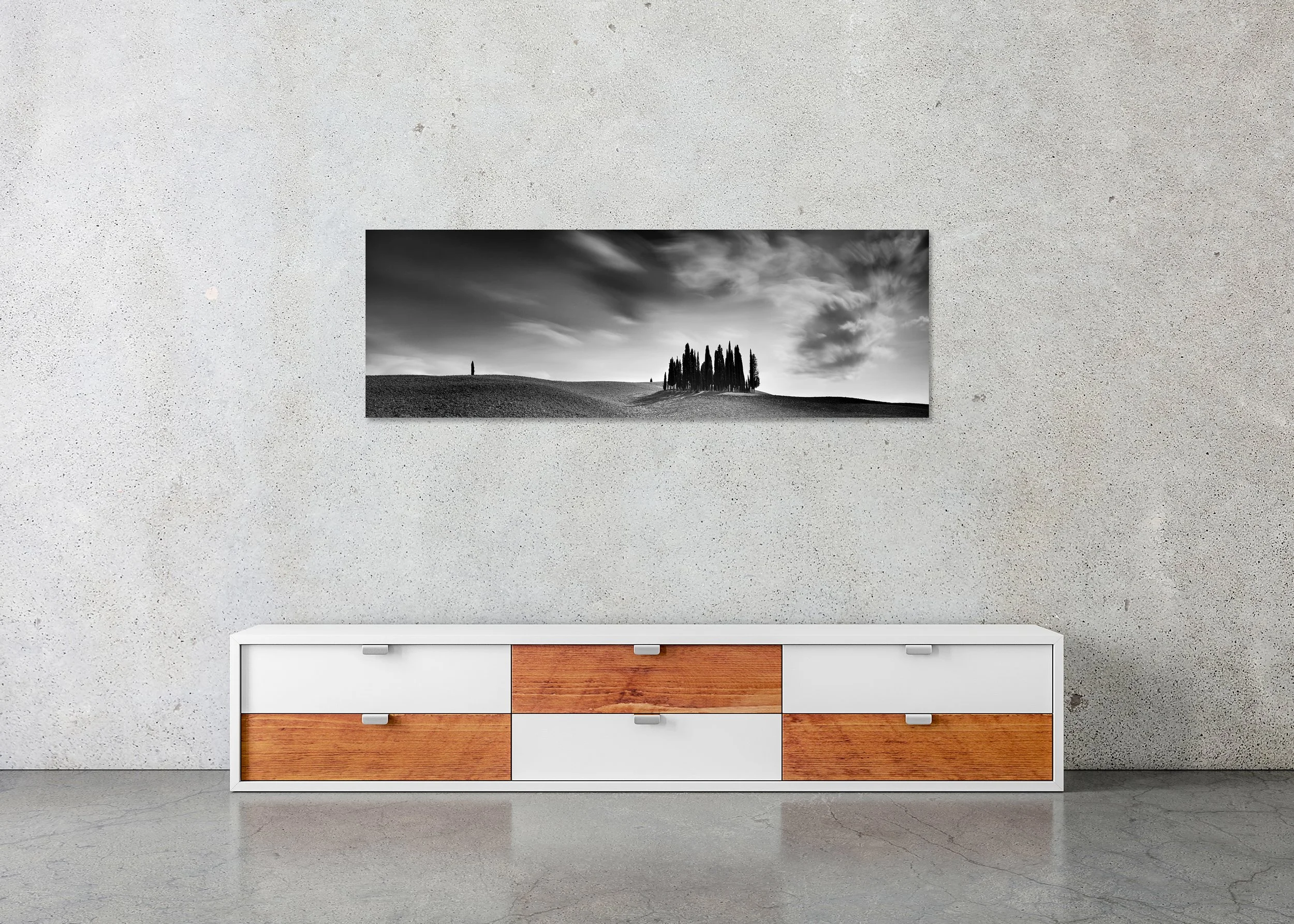 Cypress Hill Panorama Study 4 by Gerald Berghammer displayed in a modern interior as a frameless Dibond artwork.