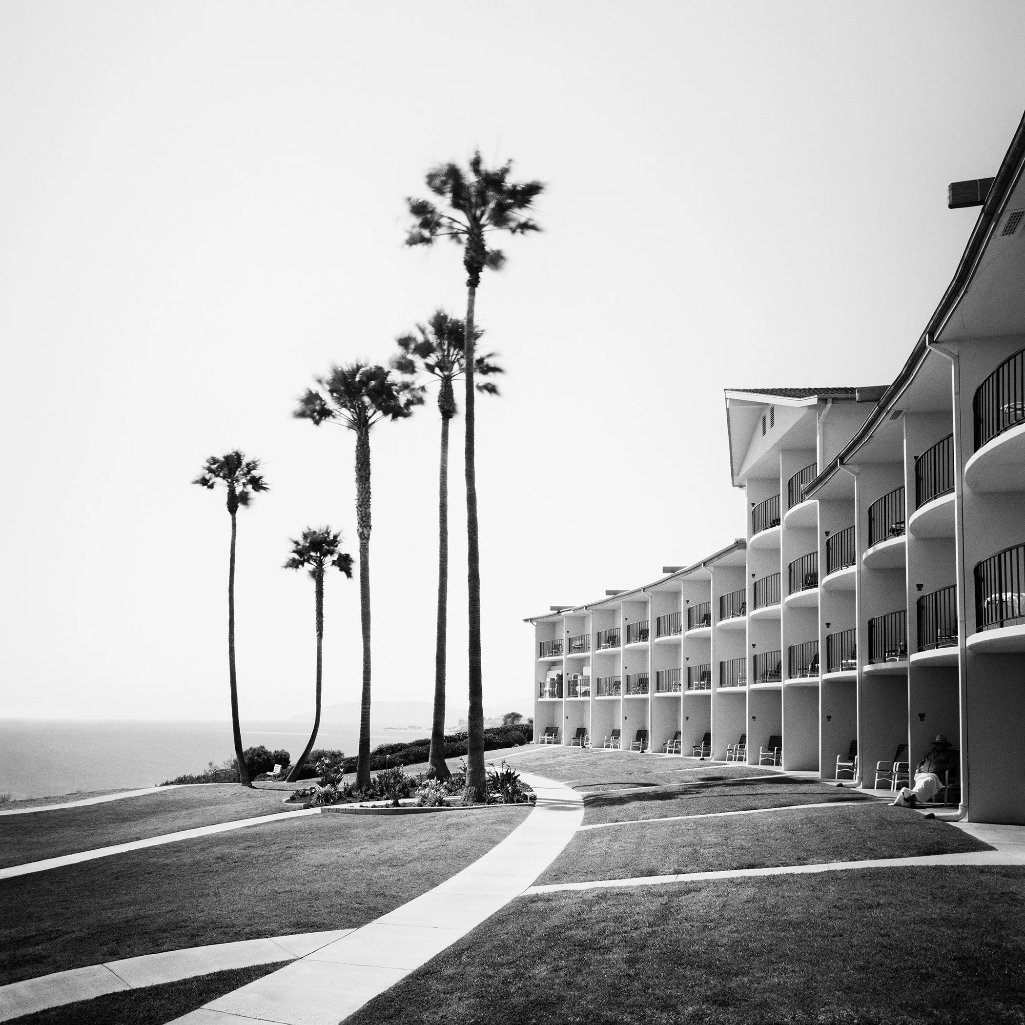 Gerald Berghammer - Black and white landscape photography. Seaside hotel with multiple balconies, a curved walkway, and tall palm trees near the ocean.