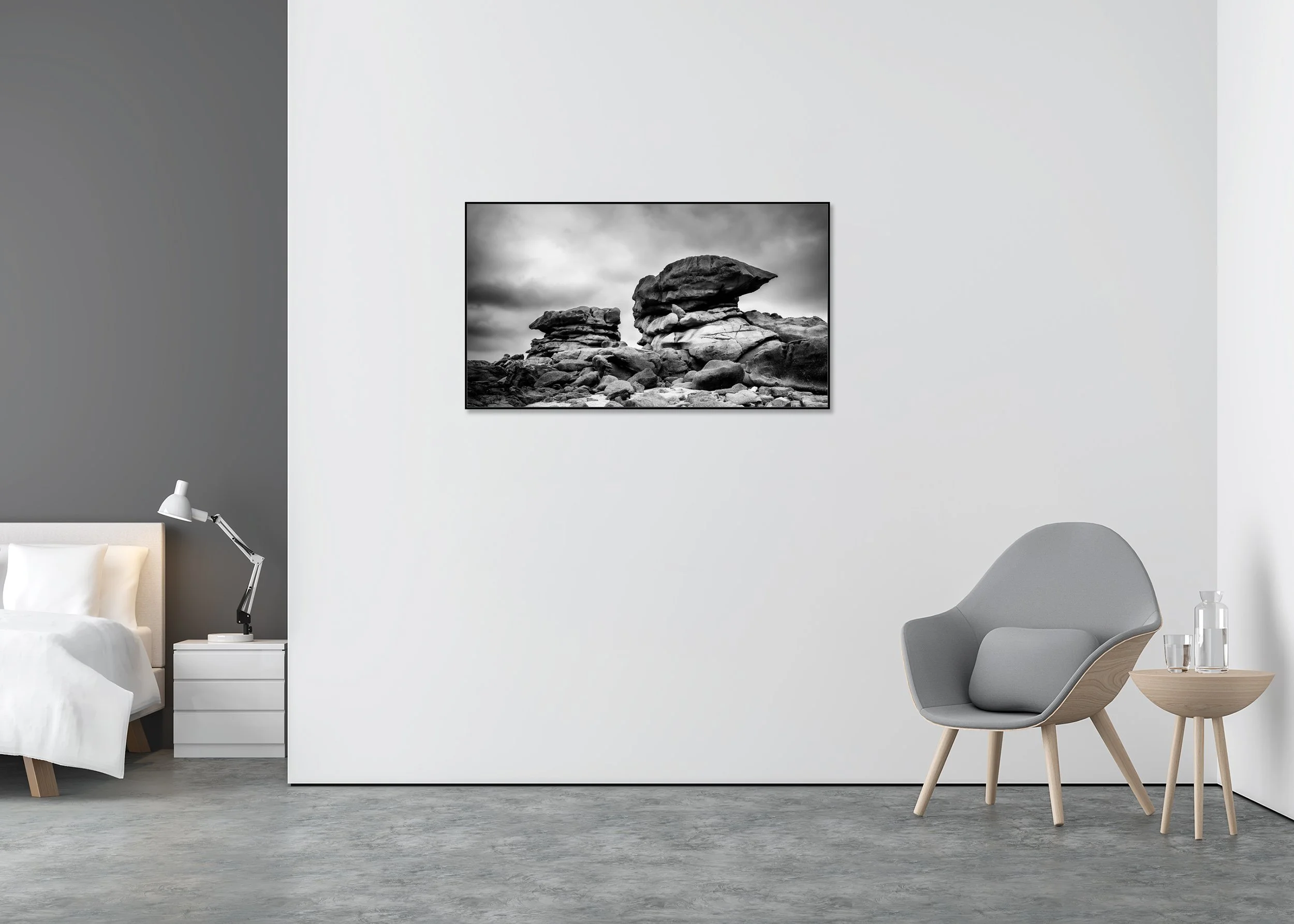 Pink Granite Coast Panorama Study 1 displayed in a modern interior as a black-and-white Dibond print in a black aluminium ArtBox frame by Gerald Berghammer.