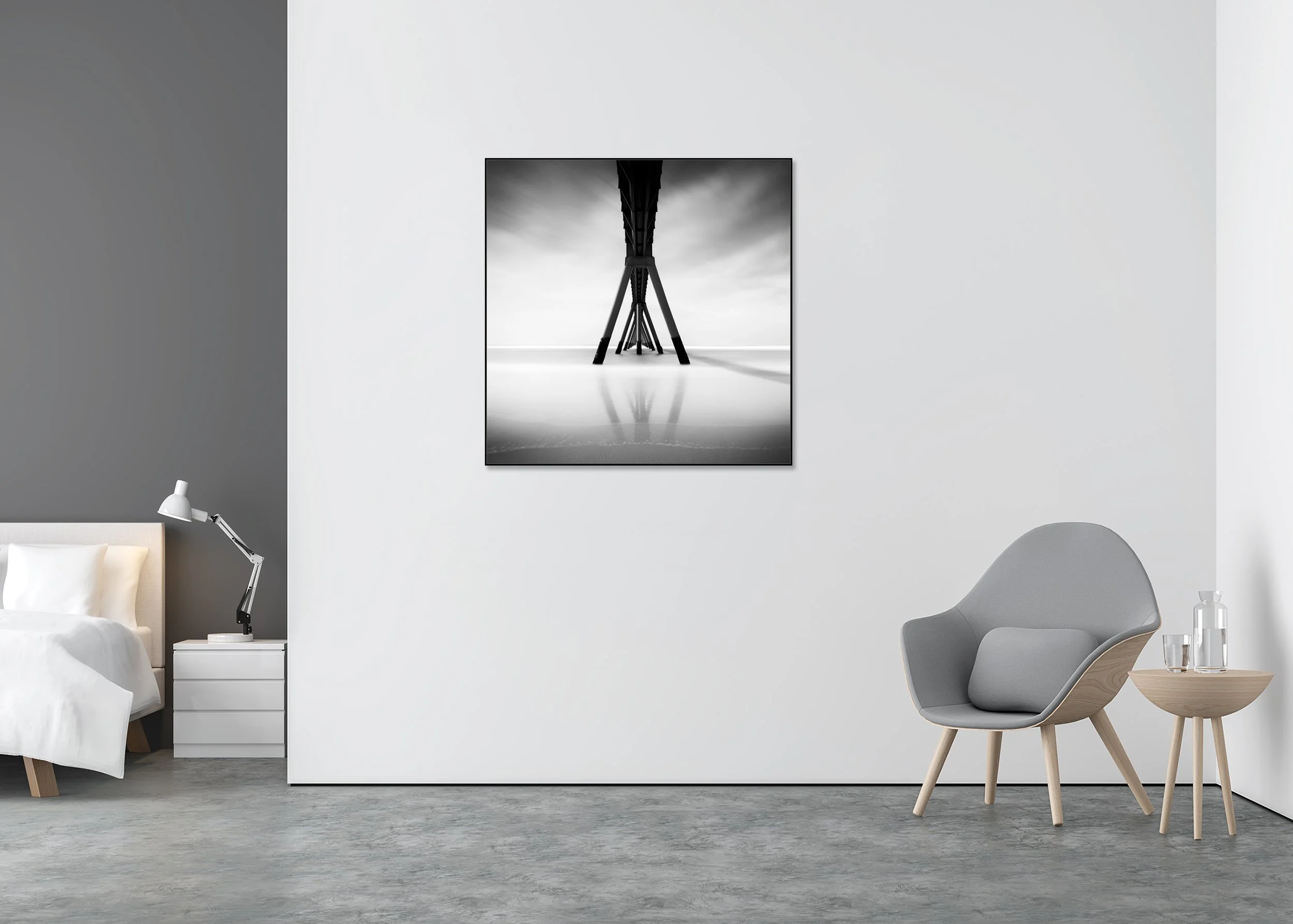 Wharf de la Salie pier and beach in France, black-and-white fine art photograph of a minimalist coastal landscape, mounted to Dibond in an aluminium ArtBox