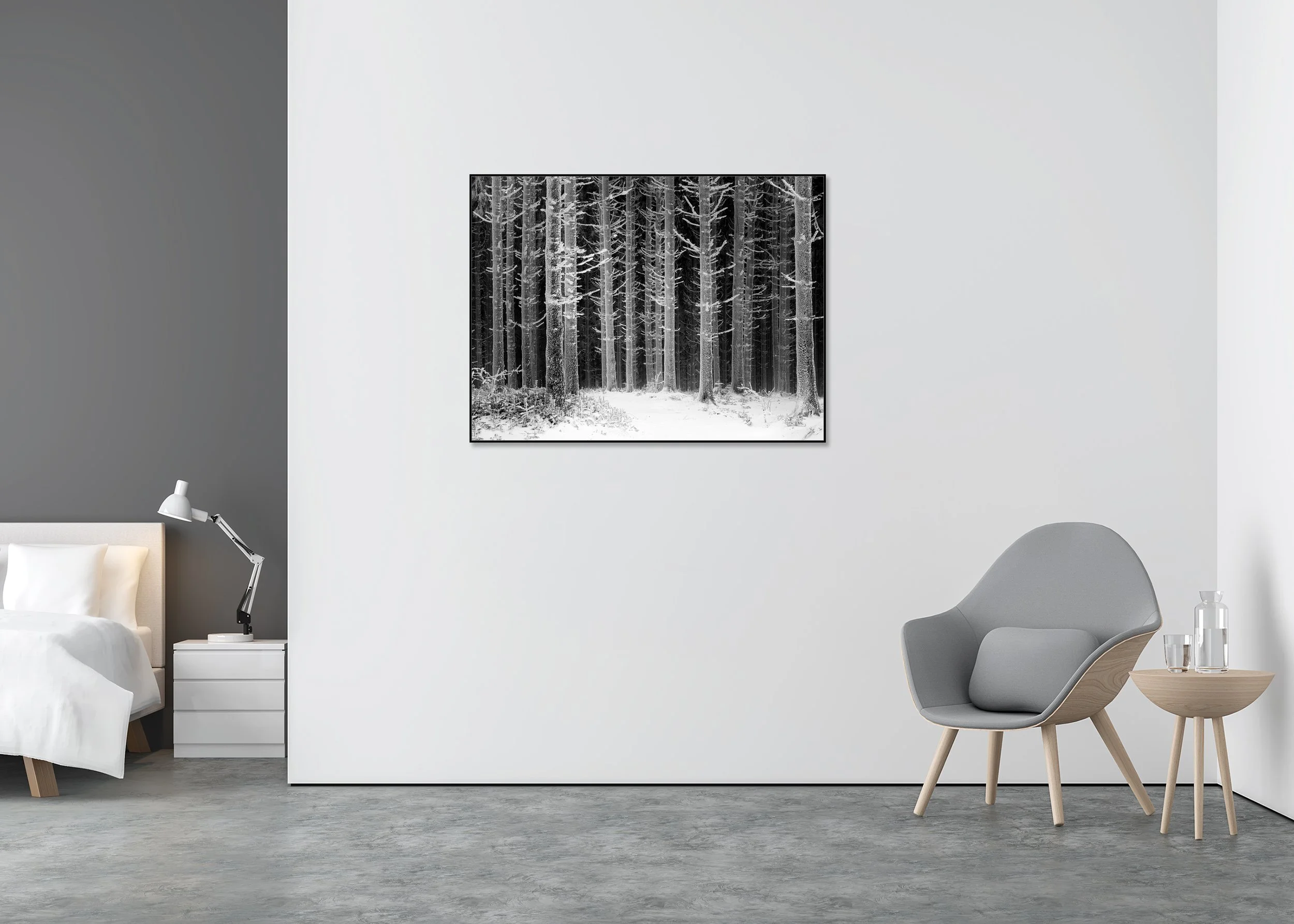 Path Through the Frosted Forest – Austria, black-and-white fine art print mounted to Dibond in an aluminium ArtBox.