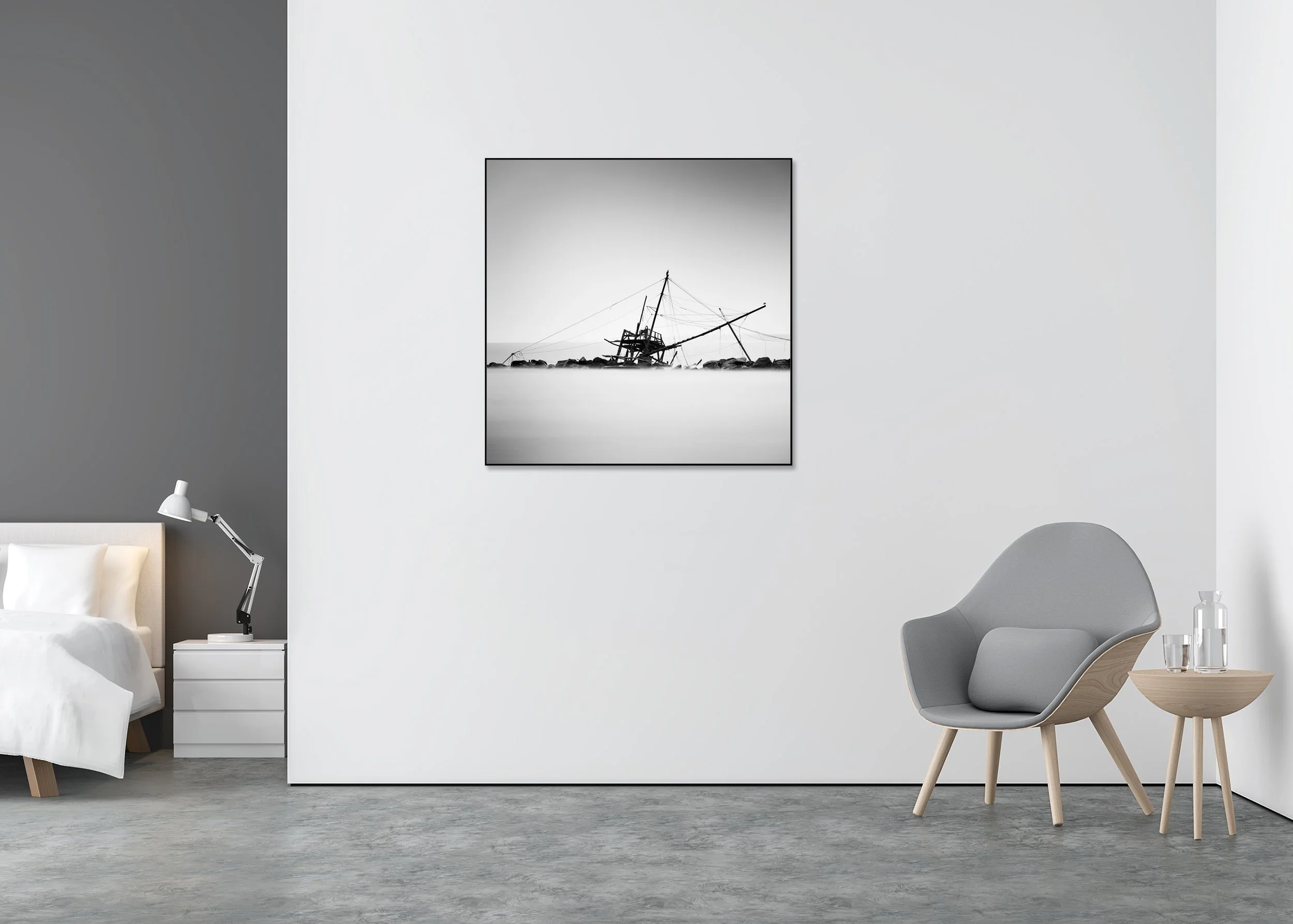 Black-and-white photo print of an abandoned fishing hut at Bocca d'Arno, mounted to Dibond in an aluminium ArtBox, with calm water and rocky shore.