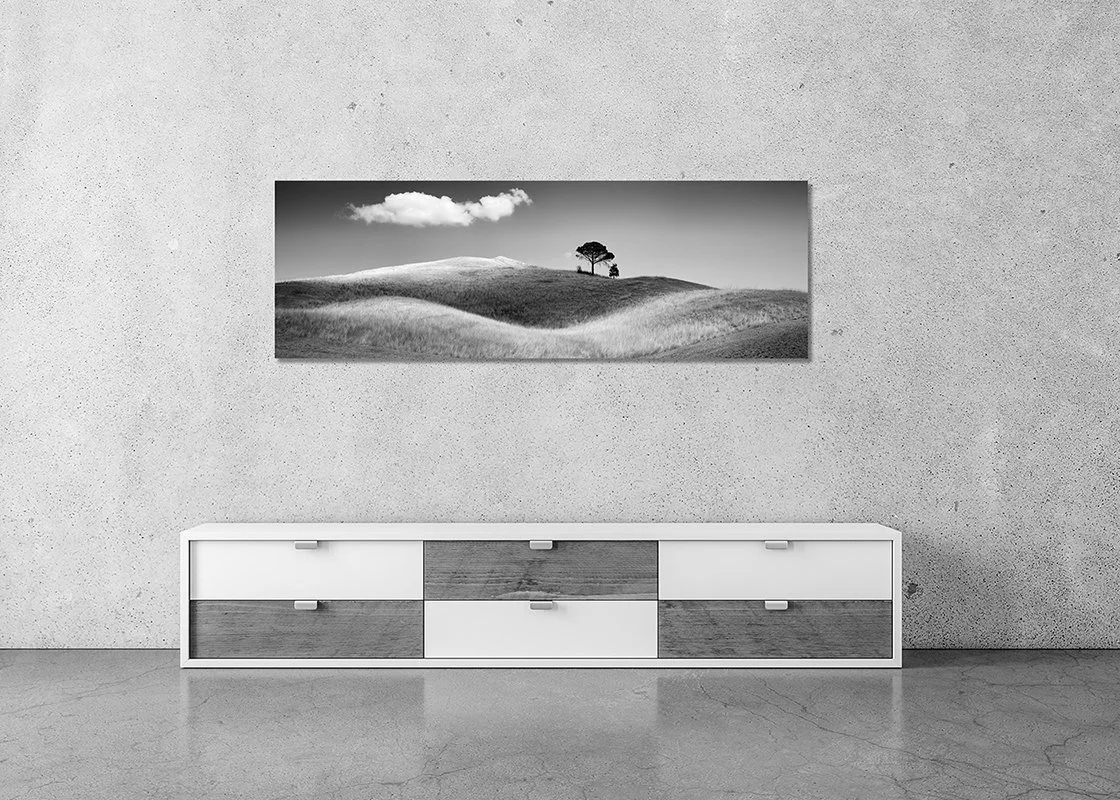 Black-and-white panoramic landscape photograph showing gently rolling hills with a single tree on the horizon beneath a small cloud, mounted on a concrete wall above a minimalist low sideboard in a modern interior.