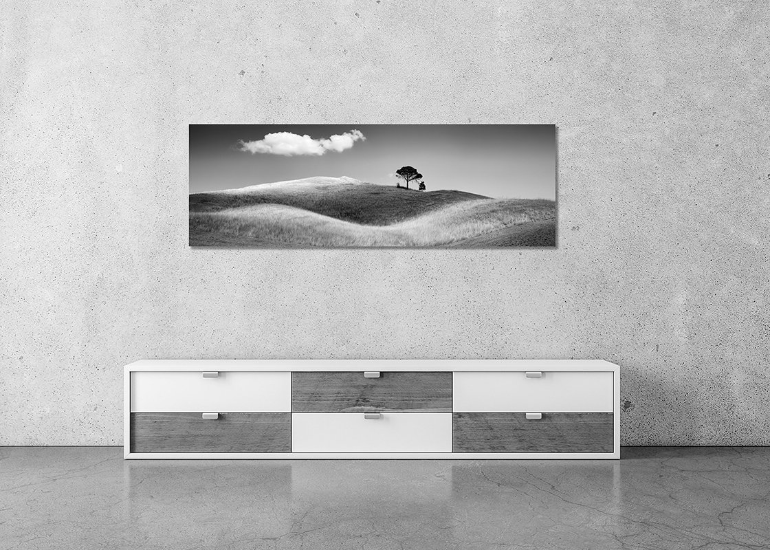 Panoramic black-and-white photograph by Gerald Berghammer displayed in a modern interior.
