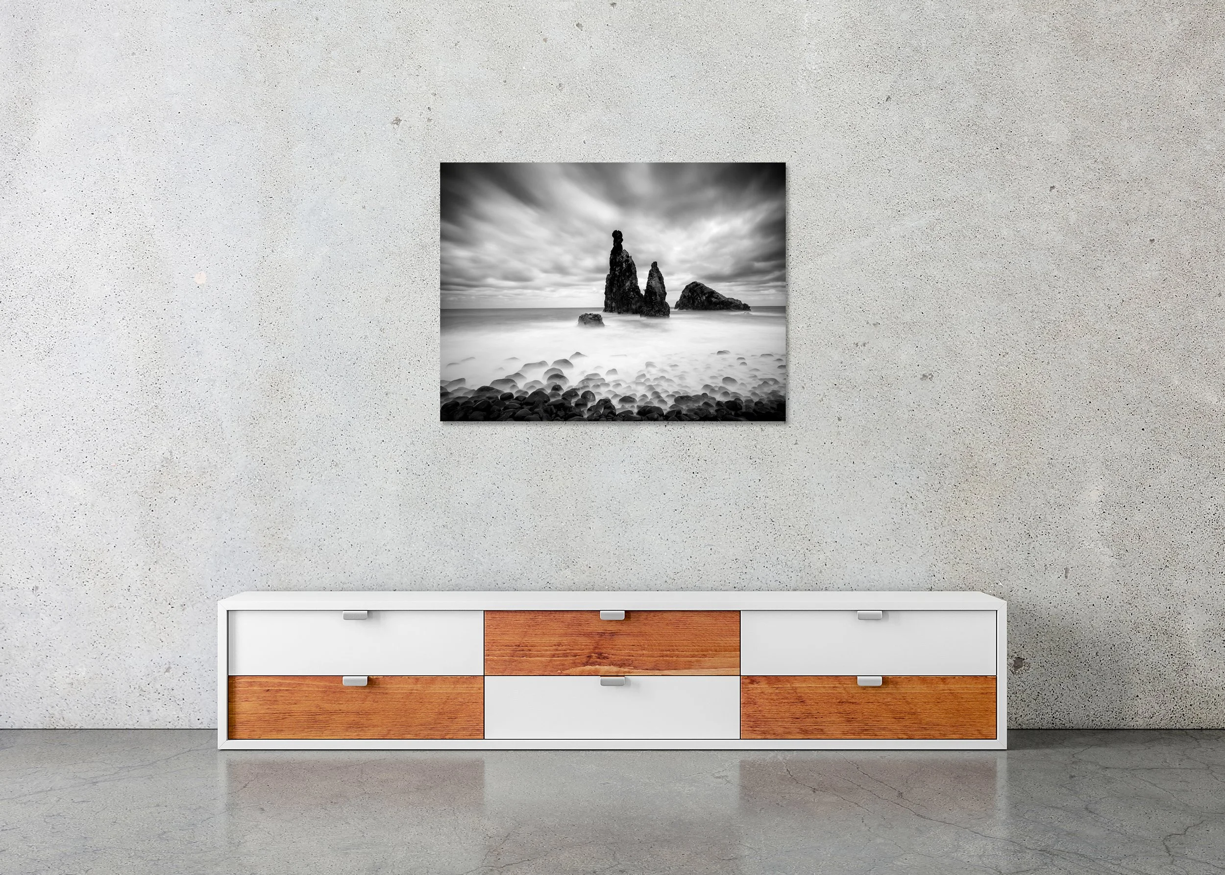 Ribeira da Janela Study 1 displayed in a modern interior as a frameless black-and-white artwork mounted on aluminium Dibond. Photo by Gerald Berghammer.