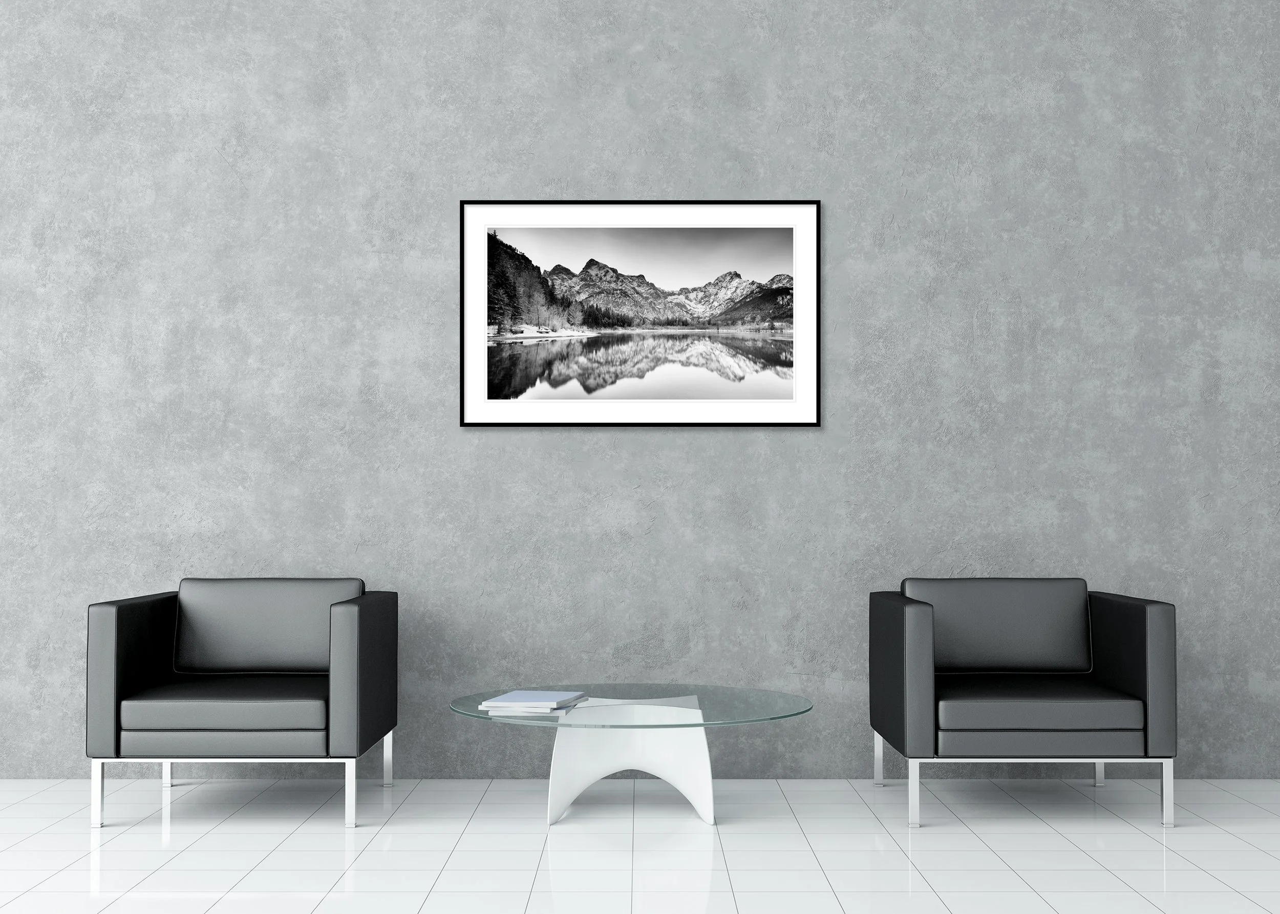 Lakeside winter waterscape at Almsee, Austria—panoramic black-and-white mountain landscape, archival pigment print in classic frame with passe-partout.