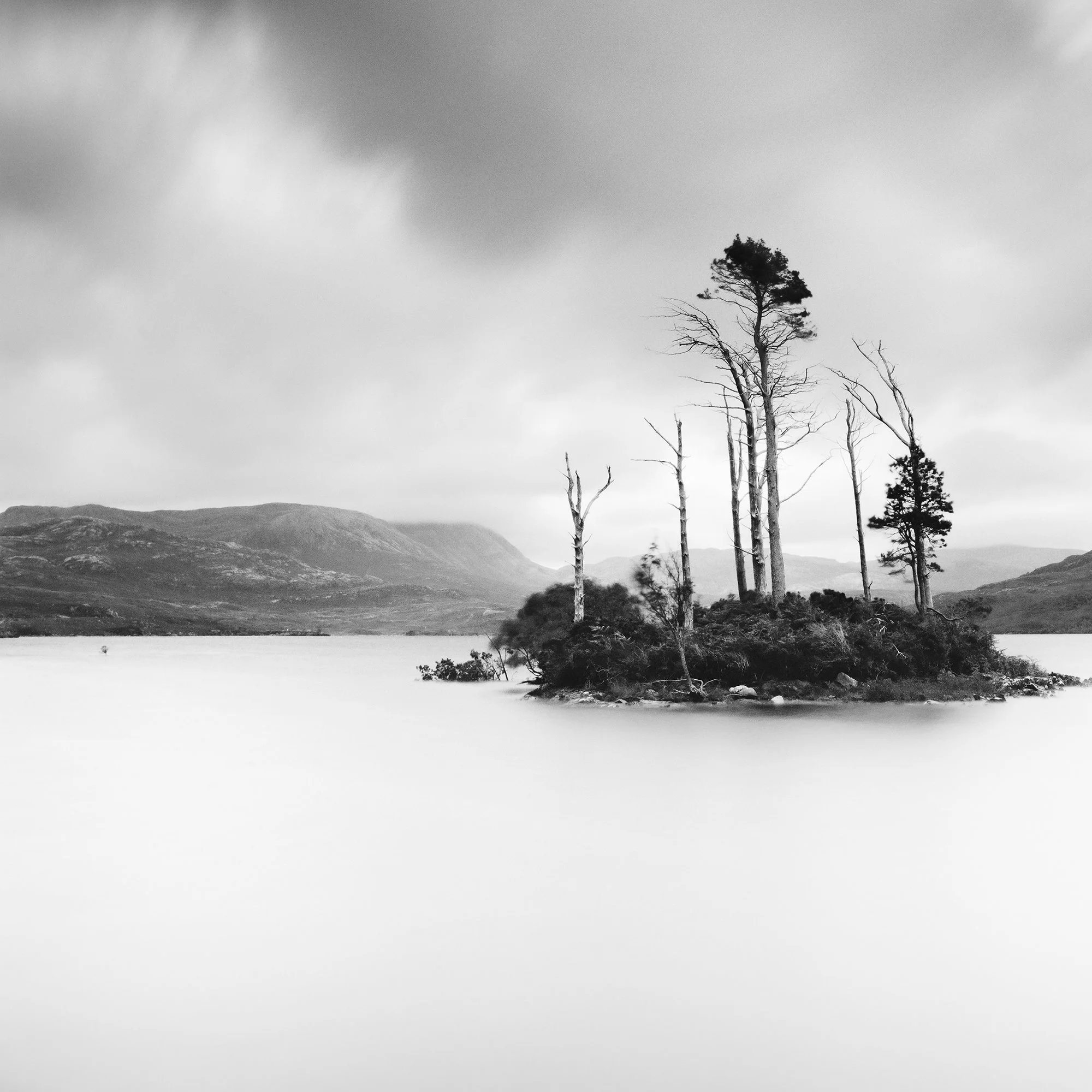 © 2012 Gerald Berghammer - Black and white waterscape photography. Small island with tall, thin trees surrounded by water and distant mountains under a cloudy sky. Print detail 1