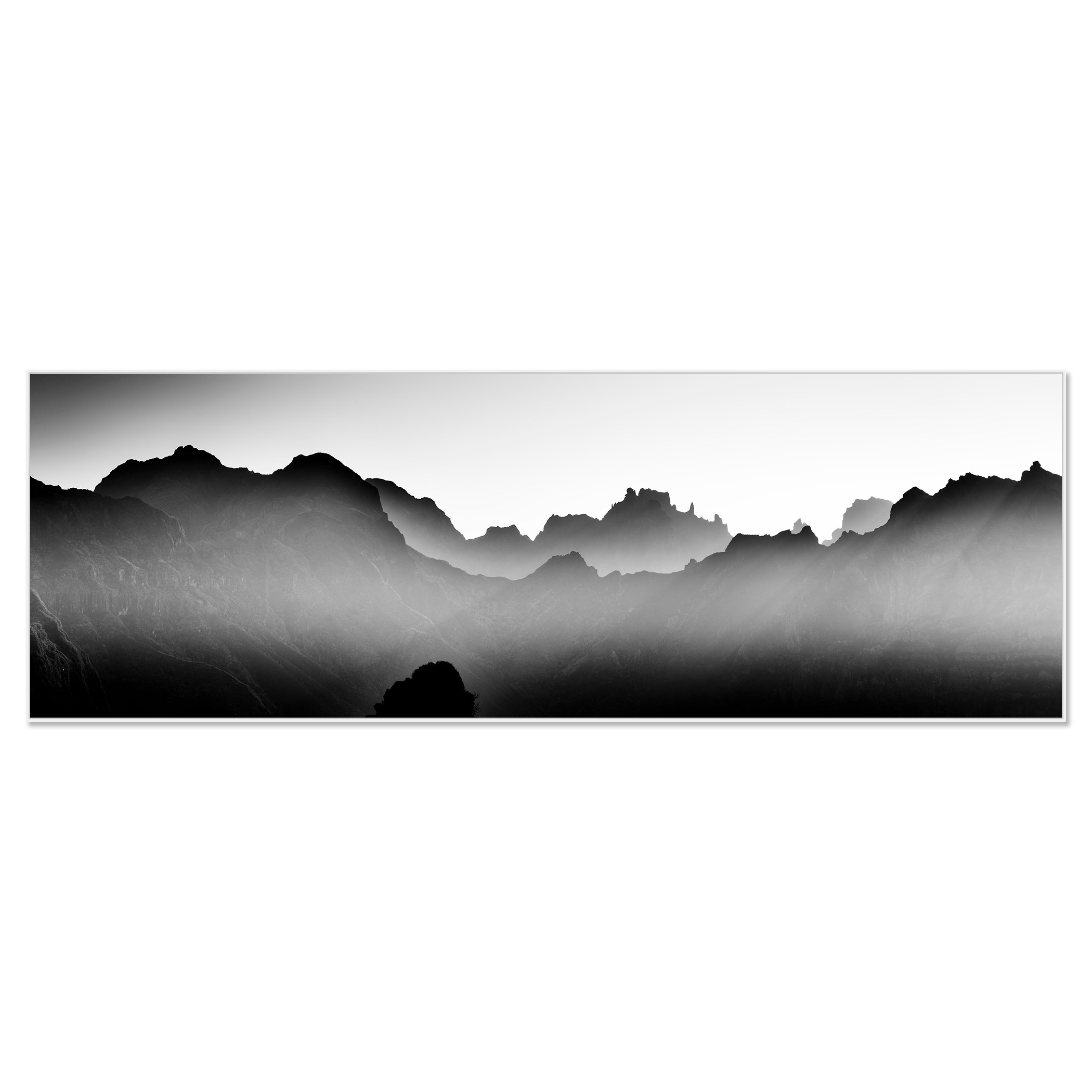 Mountains in Shadow with Morning Light, black-and-white photograph mounted on aluminium Dibond in a white ArtBox frame by Gerald Berghammer.