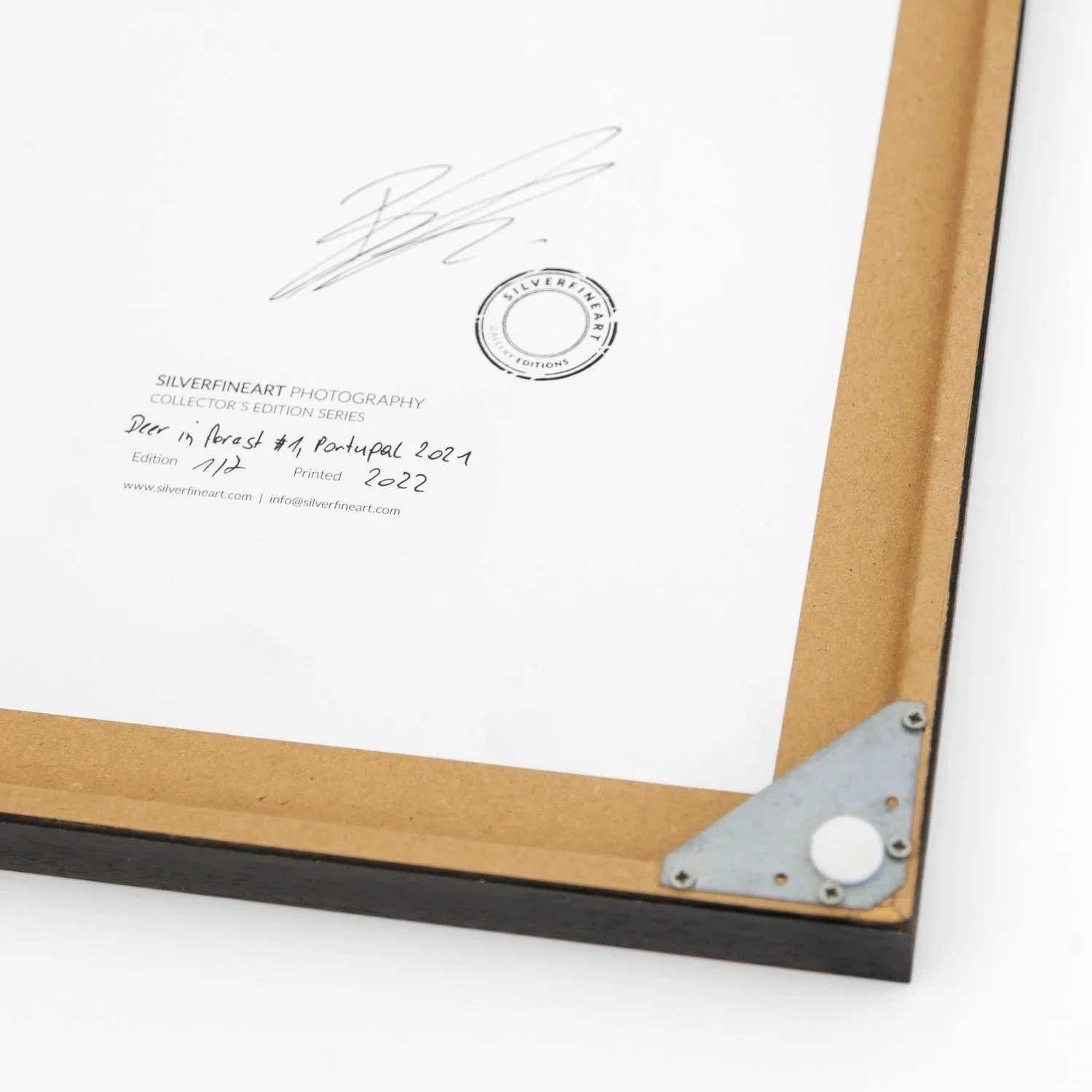 Reverse detail of Deer in Foggy Forest Study 1, with Gerald Berghammer's signature, gallery stamp and edition label.