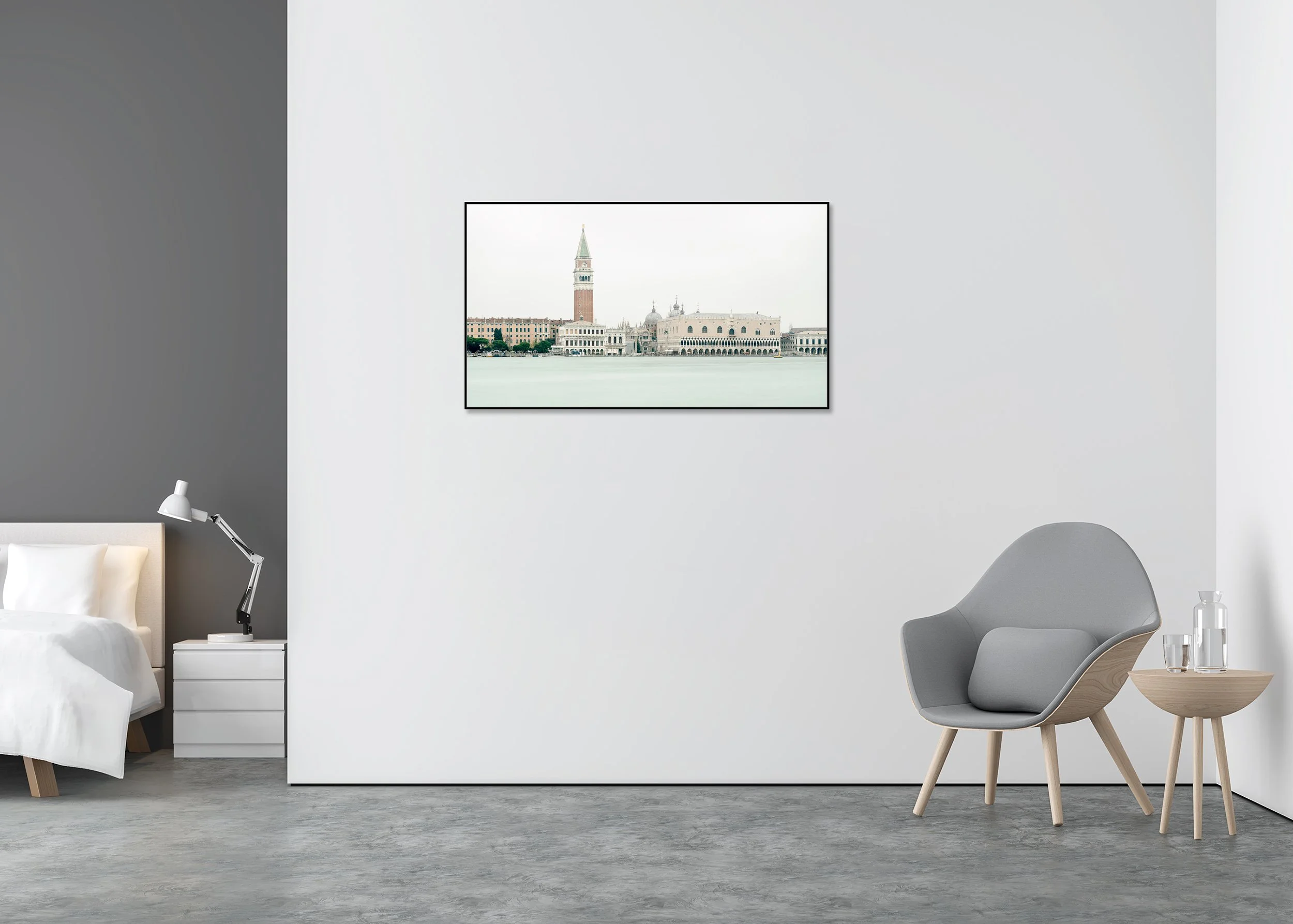 View of Venice, Panorama Study 3 – colour photograph in a black aluminium ArtBox displayed in a minimalist bedroom. Photo by Gerald Berghammer.