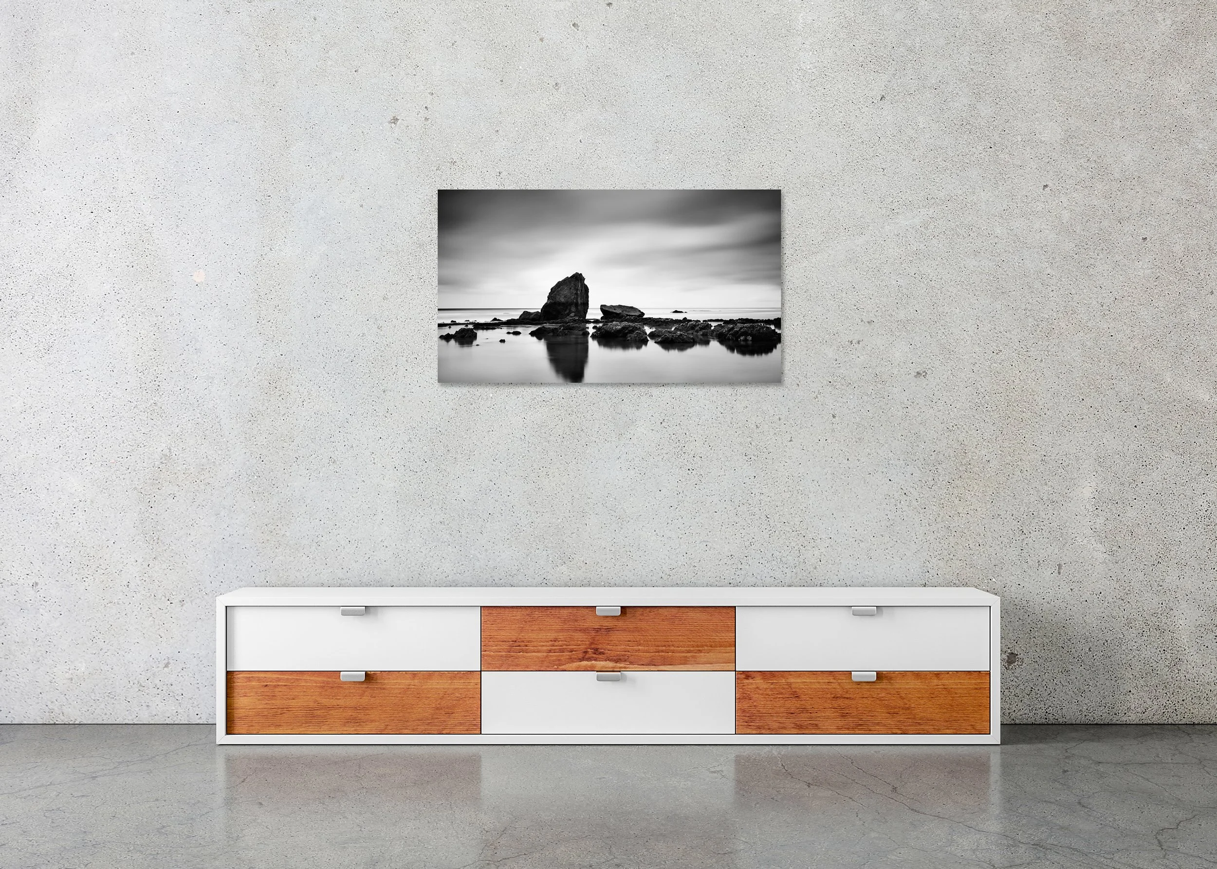 Beach Rock Panorama Study 2 – France by Gerald Berghammer, black-and-white fine art photograph displayed in a contemporary interior mounted on frameless aluminium Dibond