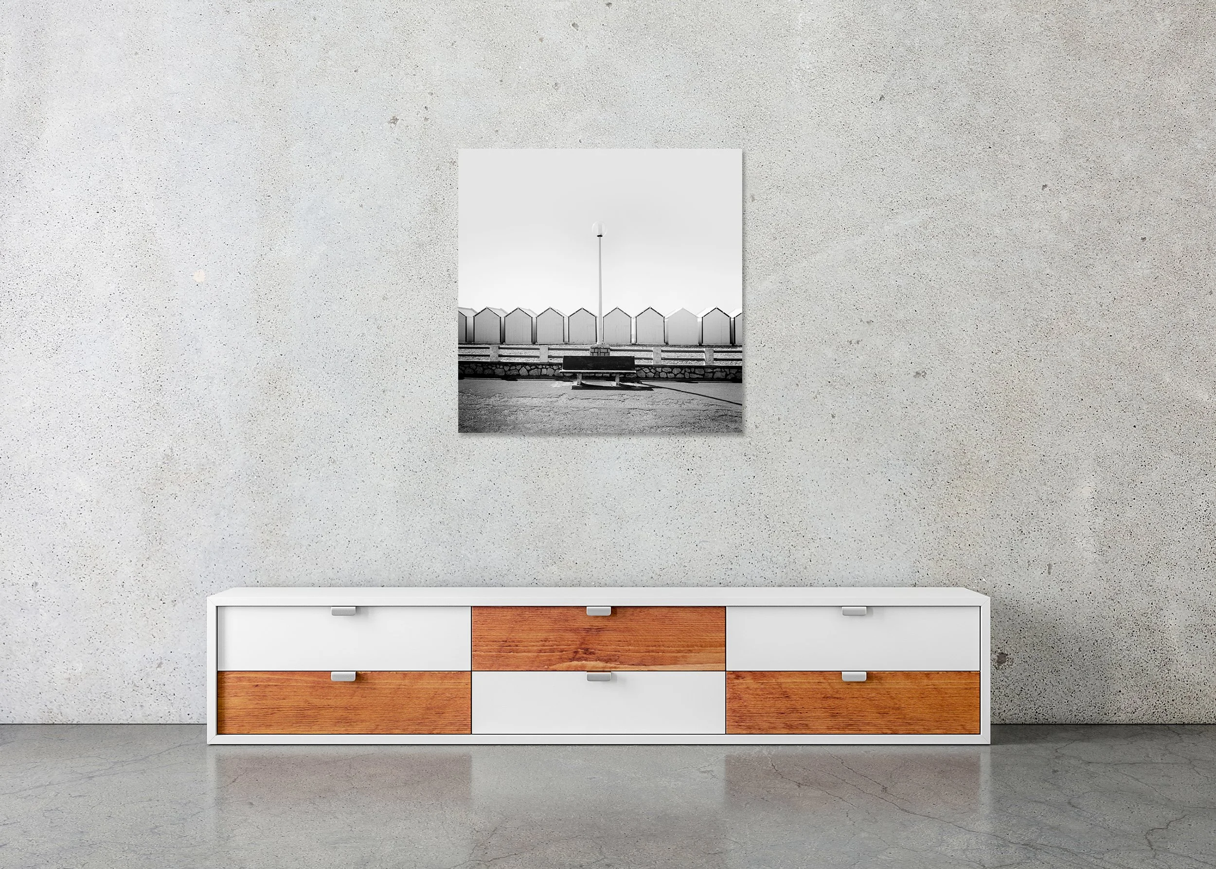 Bench on the Promenade Study 1 displayed in a modern interior as a frameless aluminium Dibond print by Gerald Berghammer.