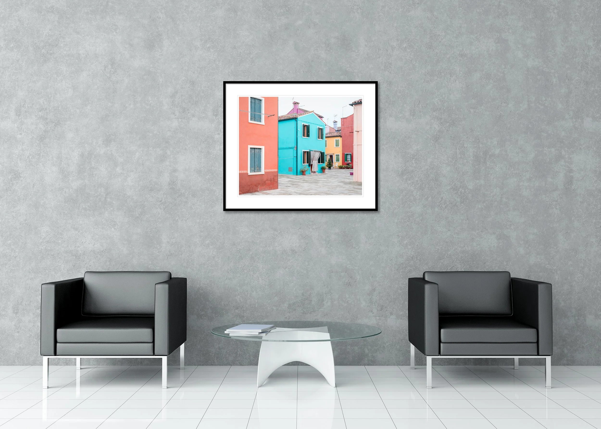 The Turquoise House displayed in a modern interior as an archival pigment print in a black aluminium frame with a white mount by Gerald Berghammer.