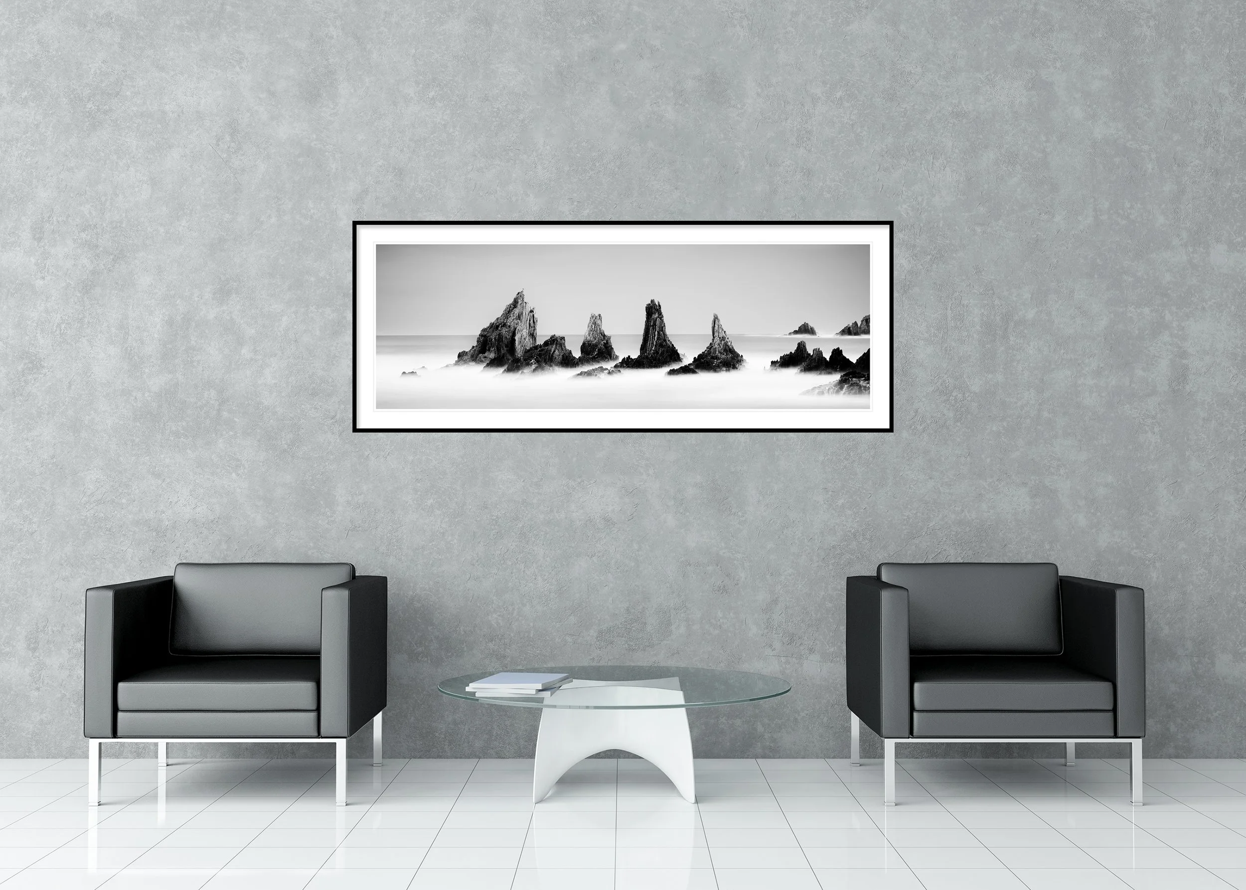 Rocky Peaks, Panorama Study 3 – archival pigment print in a black aluminium frame with a white mount displayed in a modern lounge.