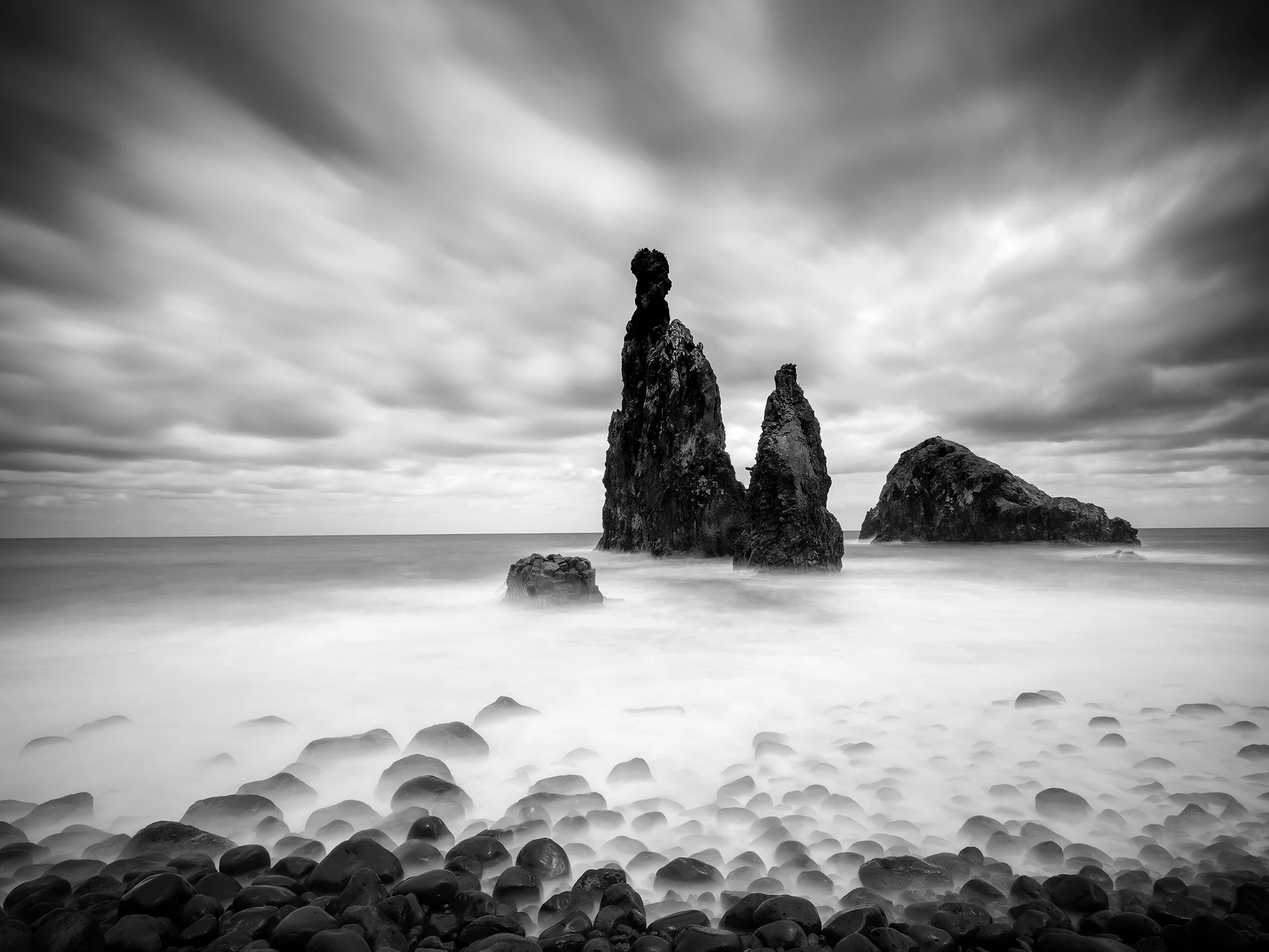Ribeira da Janela Study 1, black-and-white fine art photograph of sea stacks on Madeira by Gerald Berghammer.