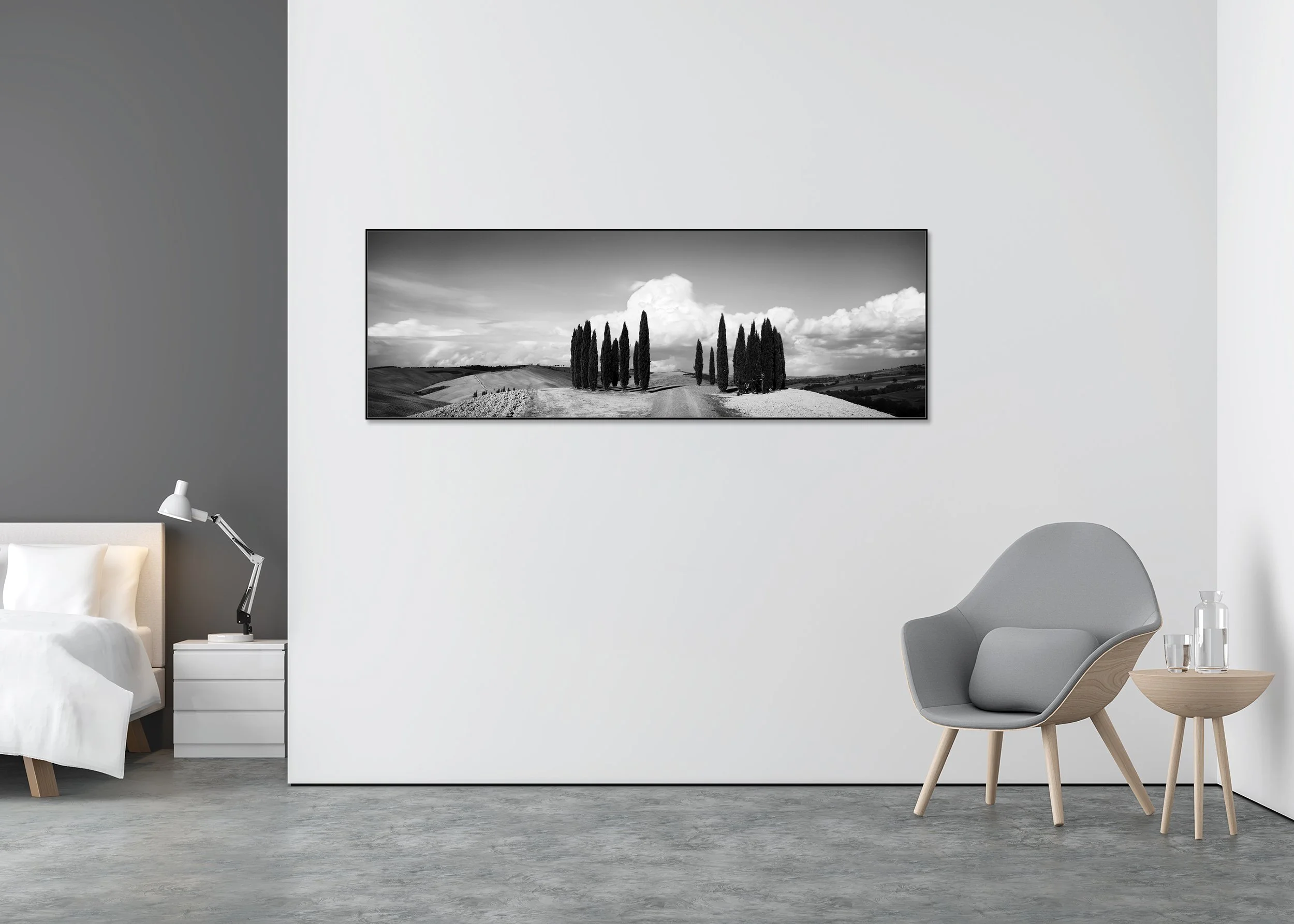 Circle of Cypress Trees Study 1 displayed in a modern interior as a black-and-white Dibond print in a black aluminium ArtBox frame by Gerald Berghammer.