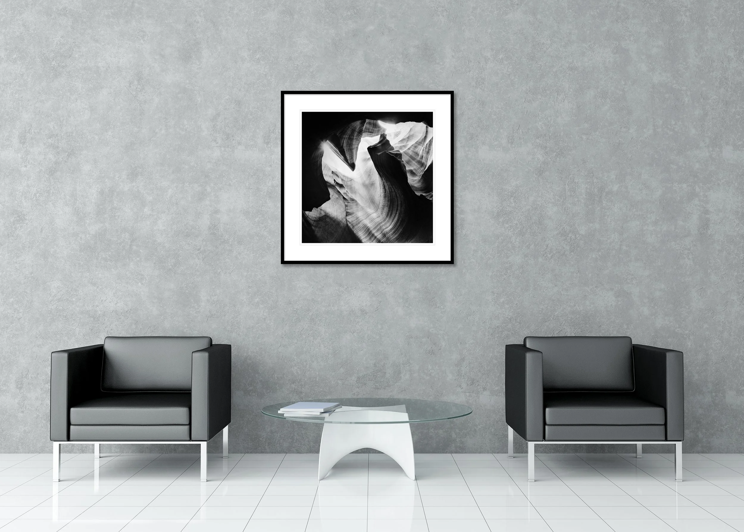 Antelope Canyon Study 4 displayed in a modern interior as an archival pigment print in an aluminium frame with white mount by Gerald Berghammer.