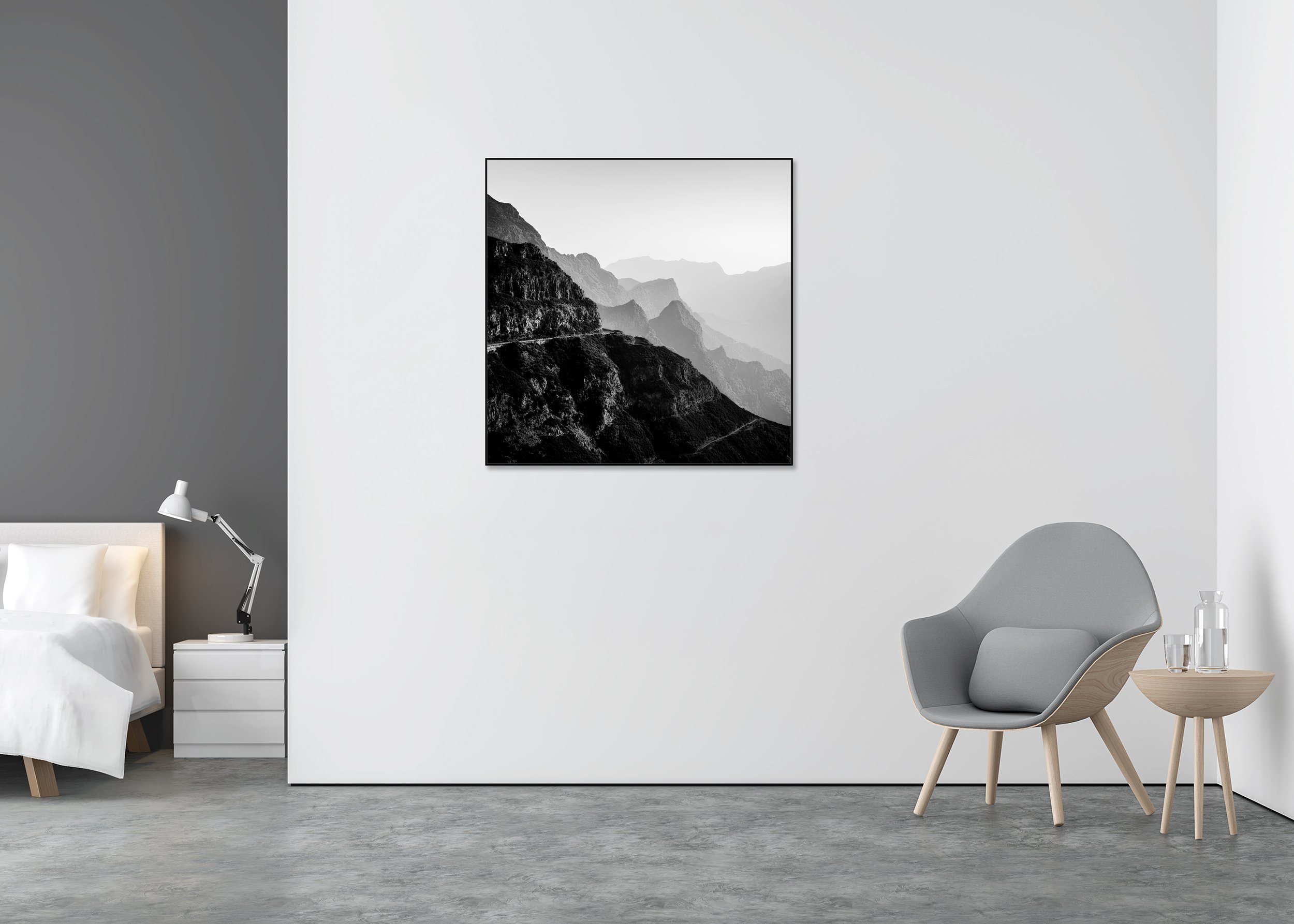 Black and white photo print of dramatic mountain slopes and a winding road, mounted to Dibond in an aluminium ArtBox frame.