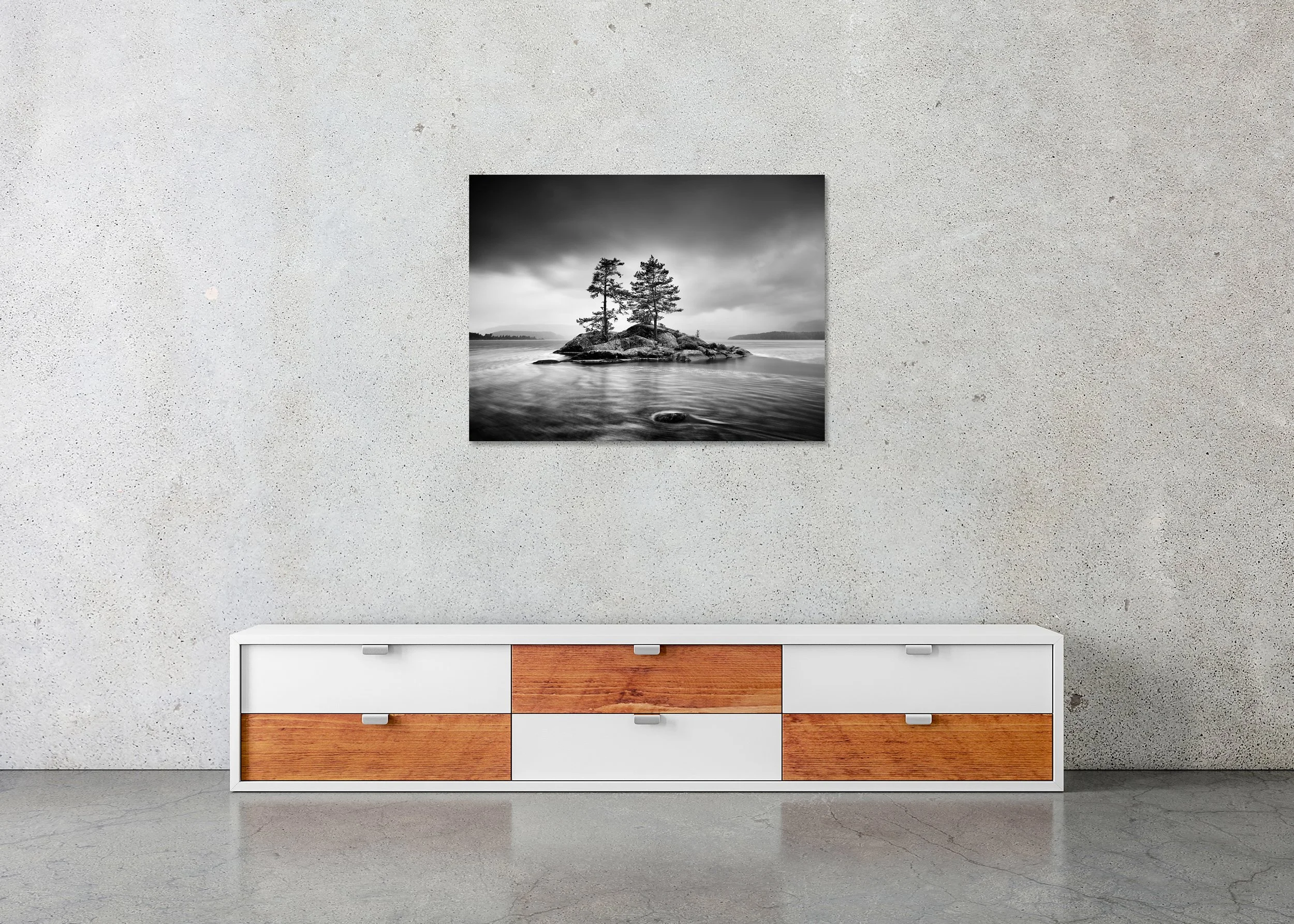 Trees on Rocky Island Study 1 – Norway, black-and-white photo print mounted to Dibond, frameless