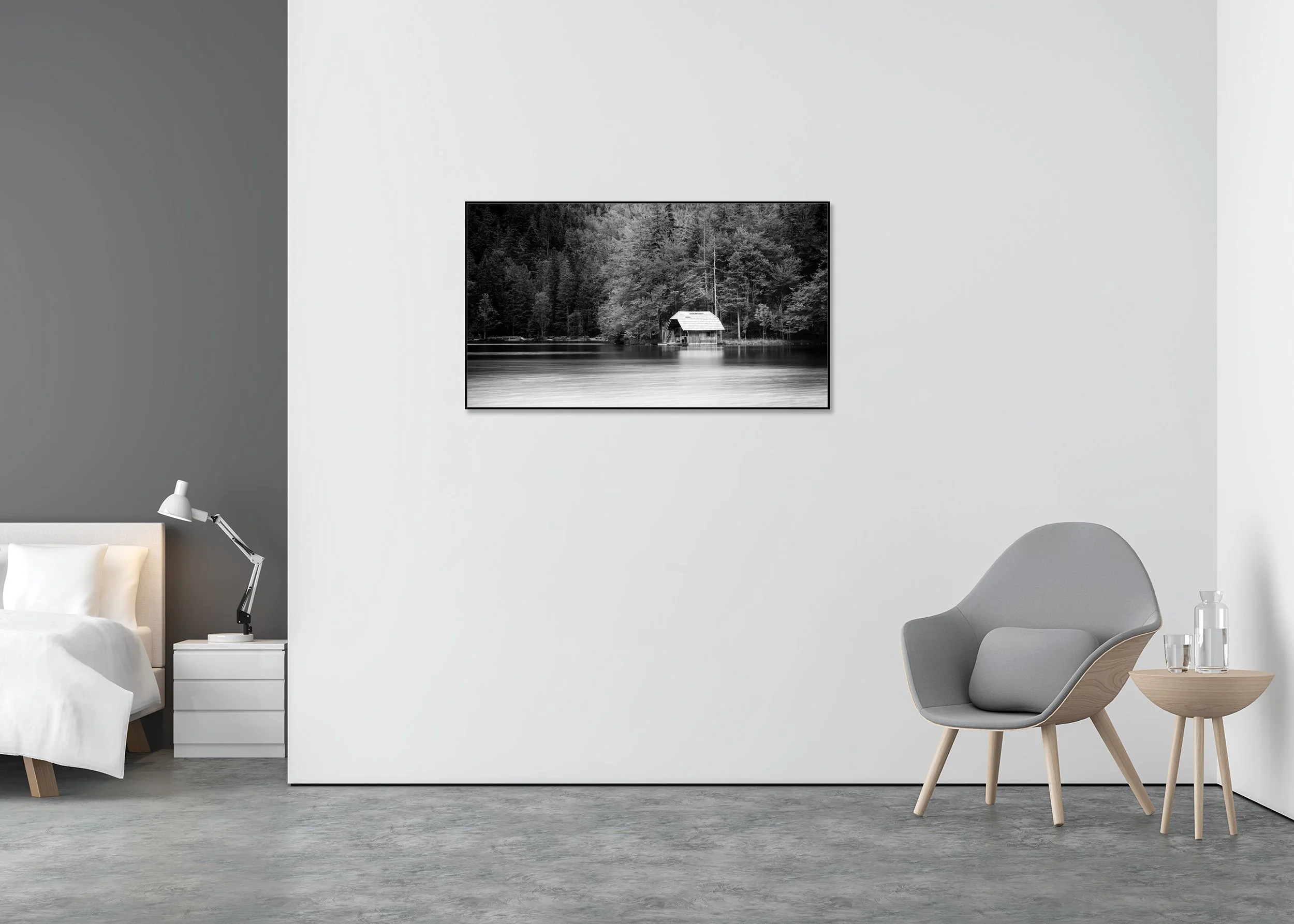 Wooden Boathouse Panorama displayed in a modern interior, mounted on aluminium Dibond in a black ArtBox frame by Gerald Berghammer.