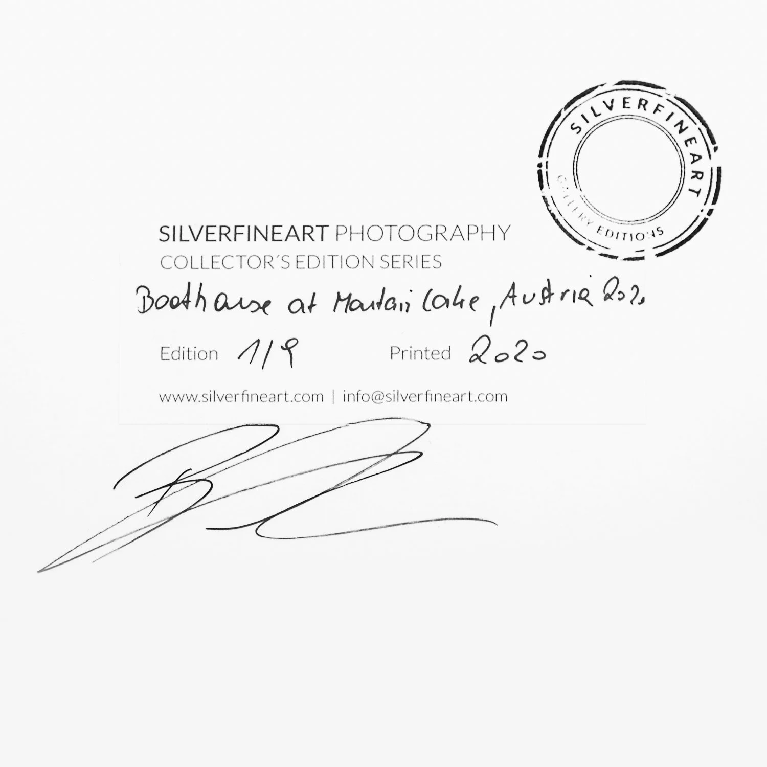 Signed collector's edition label for Boat House at Mountain Lake, Austria, by Gerald Berghammer, featuring the artwork title, edition number, printing year and gallery stamp.