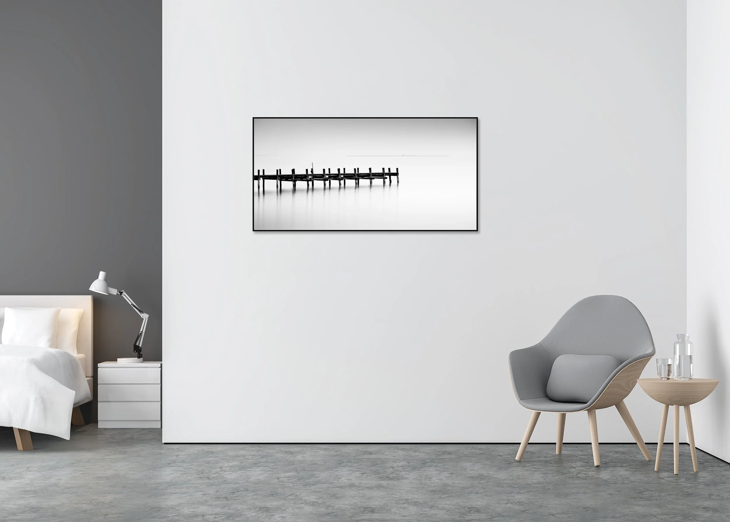 Foggy Wooden Dock Panorama Study 1 displayed as a Dibond print in an aluminium ArtBox frame.
