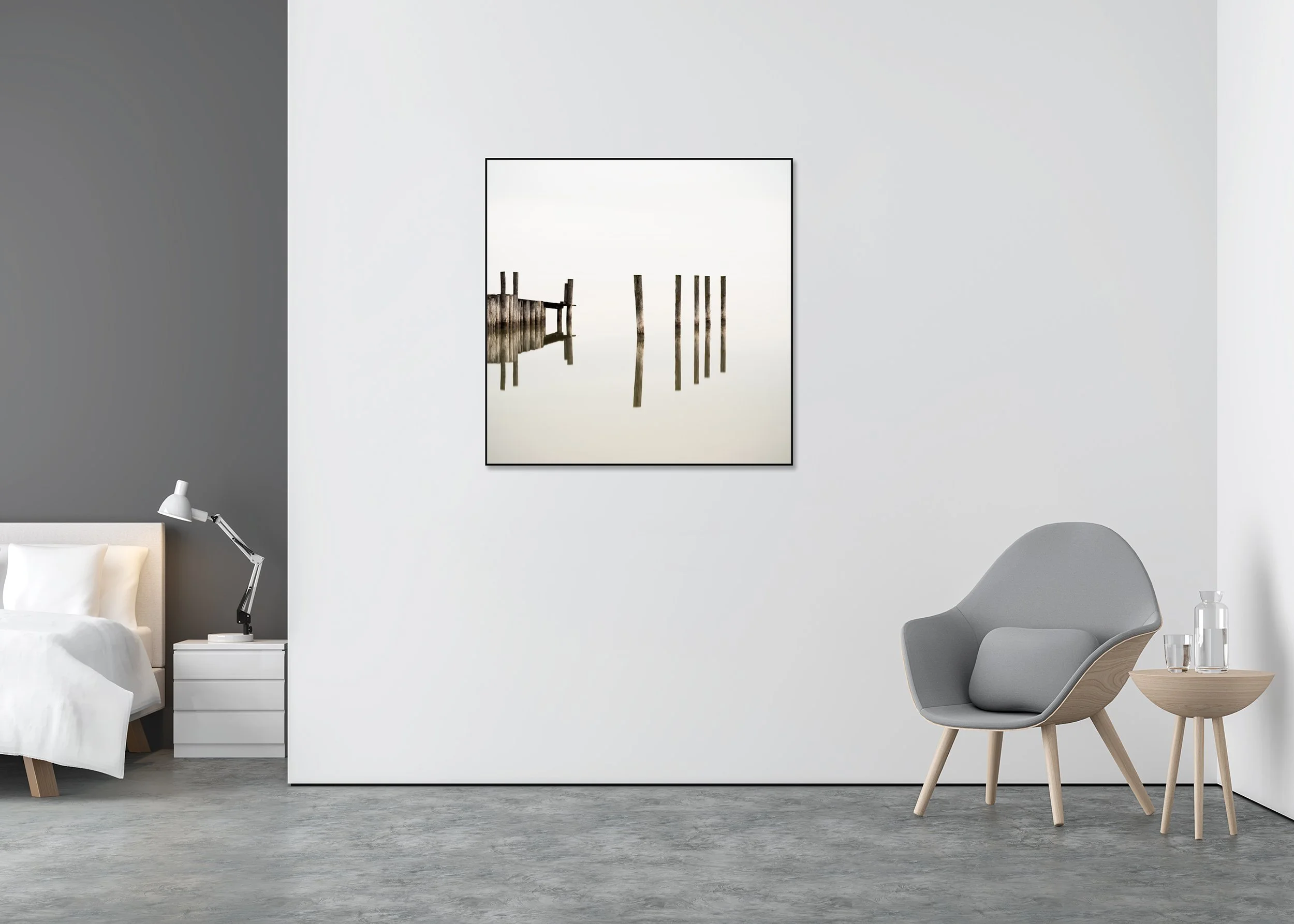 Wooden Pegs in the Lake – colour Dibond print in a black aluminium ArtBox displayed in a minimalist bedroom.