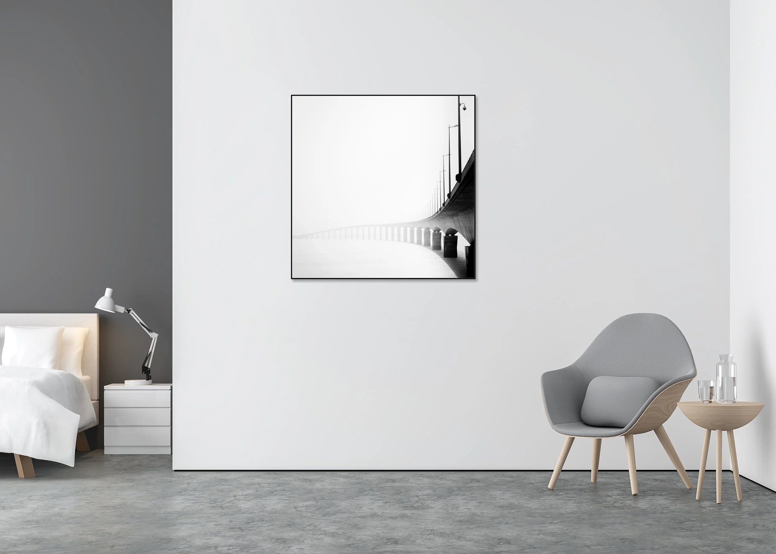 Pont de l’Île de Ré Study 1 displayed in a modern interior, mounted on aluminium Dibond in a black ArtBox frame by Gerald Berghammer.
