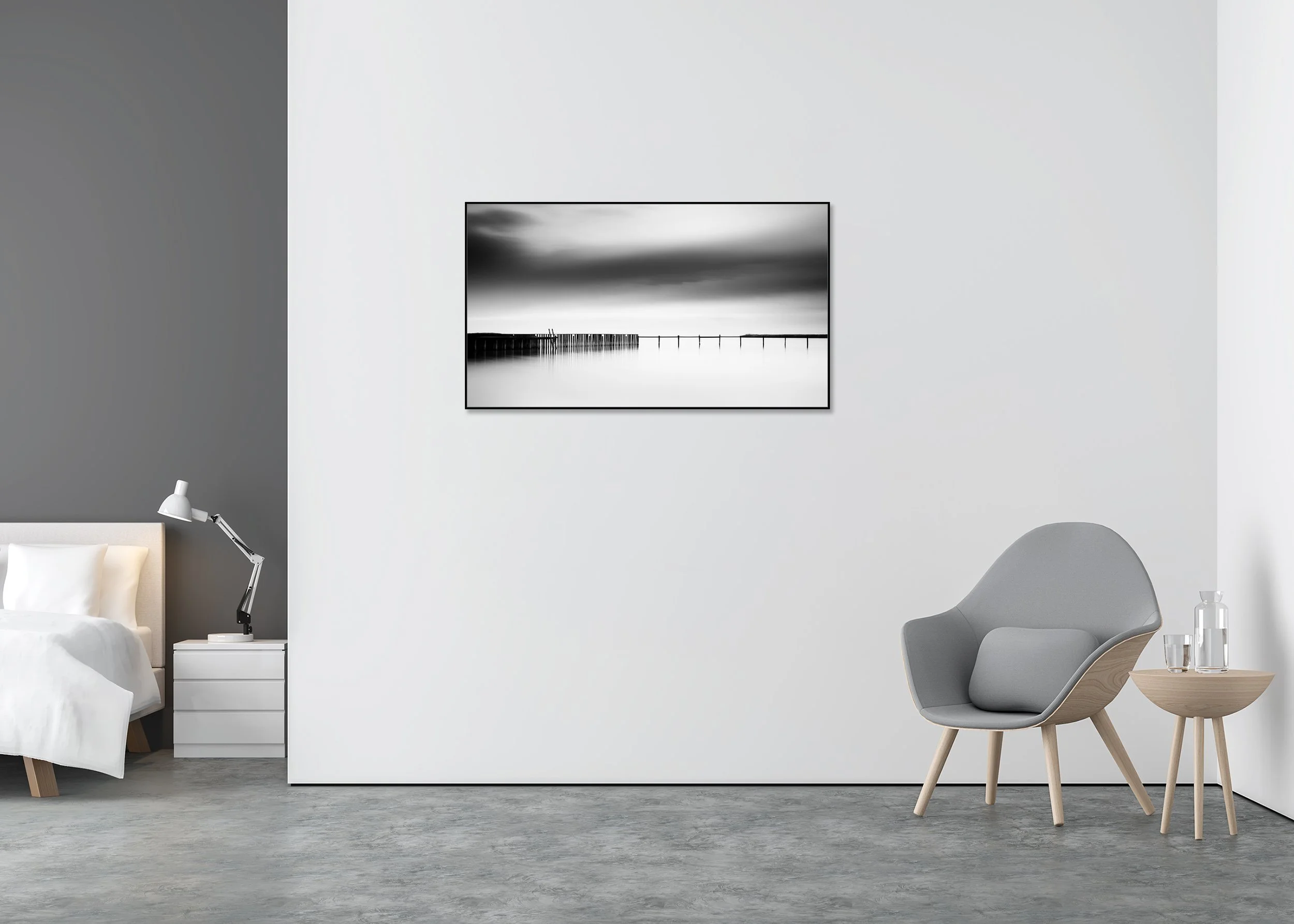ChromaLuxe metal print in an aluminium ArtBox frame of a monochrome panorama of calm water with a floating dock and distant pier, Austria