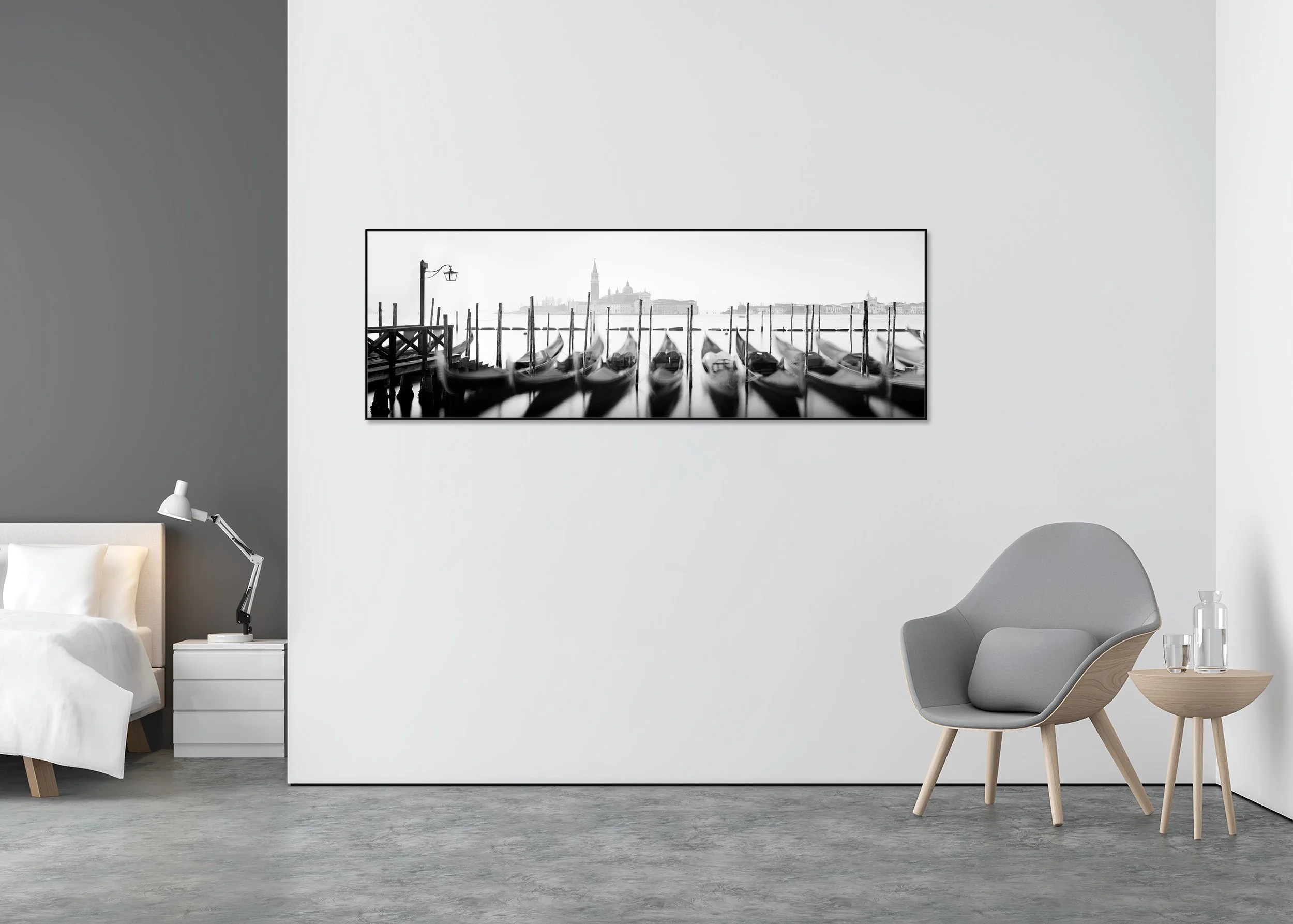 Black and white long-exposure gondolas in Venice at dawn, ChromaLuxe metal print on Aluminium ArtBox