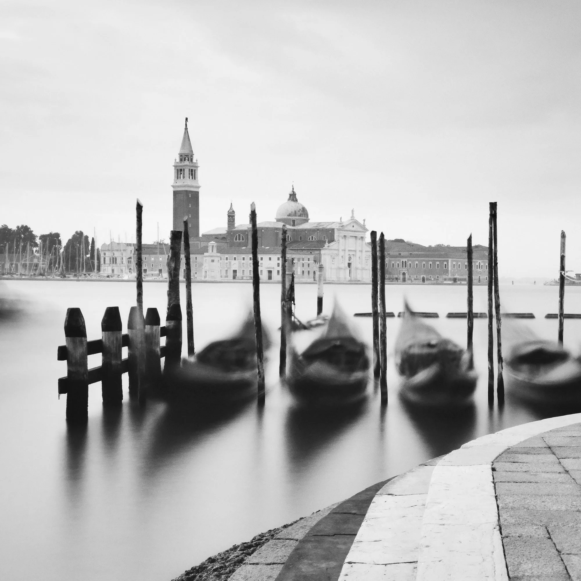 Basilica di San Giorgio Maggiore Study 2 by Gerald Berghammer, close-up of gondolas and the historic basilica across the Venetian Lagoon.