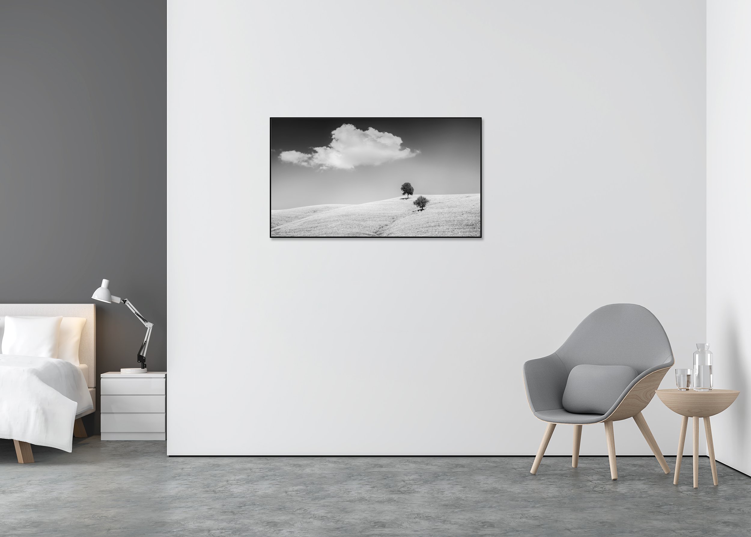 Rolling Hills with Trees Study 1, Tuscany, Italy, black-and-white fine art photo print mounted to Dibond in an aluminium ArtBox