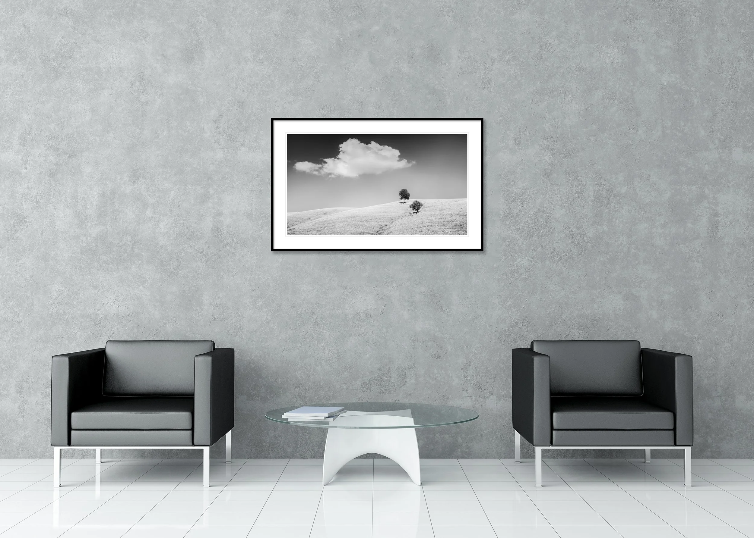 Rolling Hills with Trees Study 1, Tuscany, Italy, black-and-white archival pigment print in a classic frame with a mount