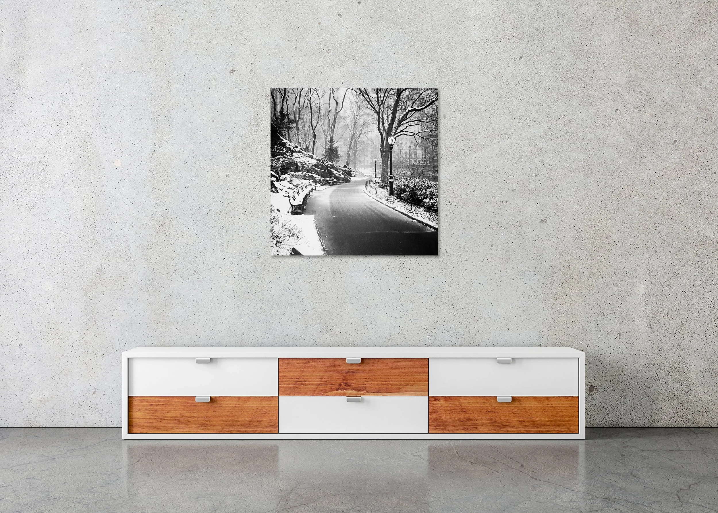 Snow-Covered Central Park Study 3 – New York City, black-and-white photo print mounted to Dibond, frameless