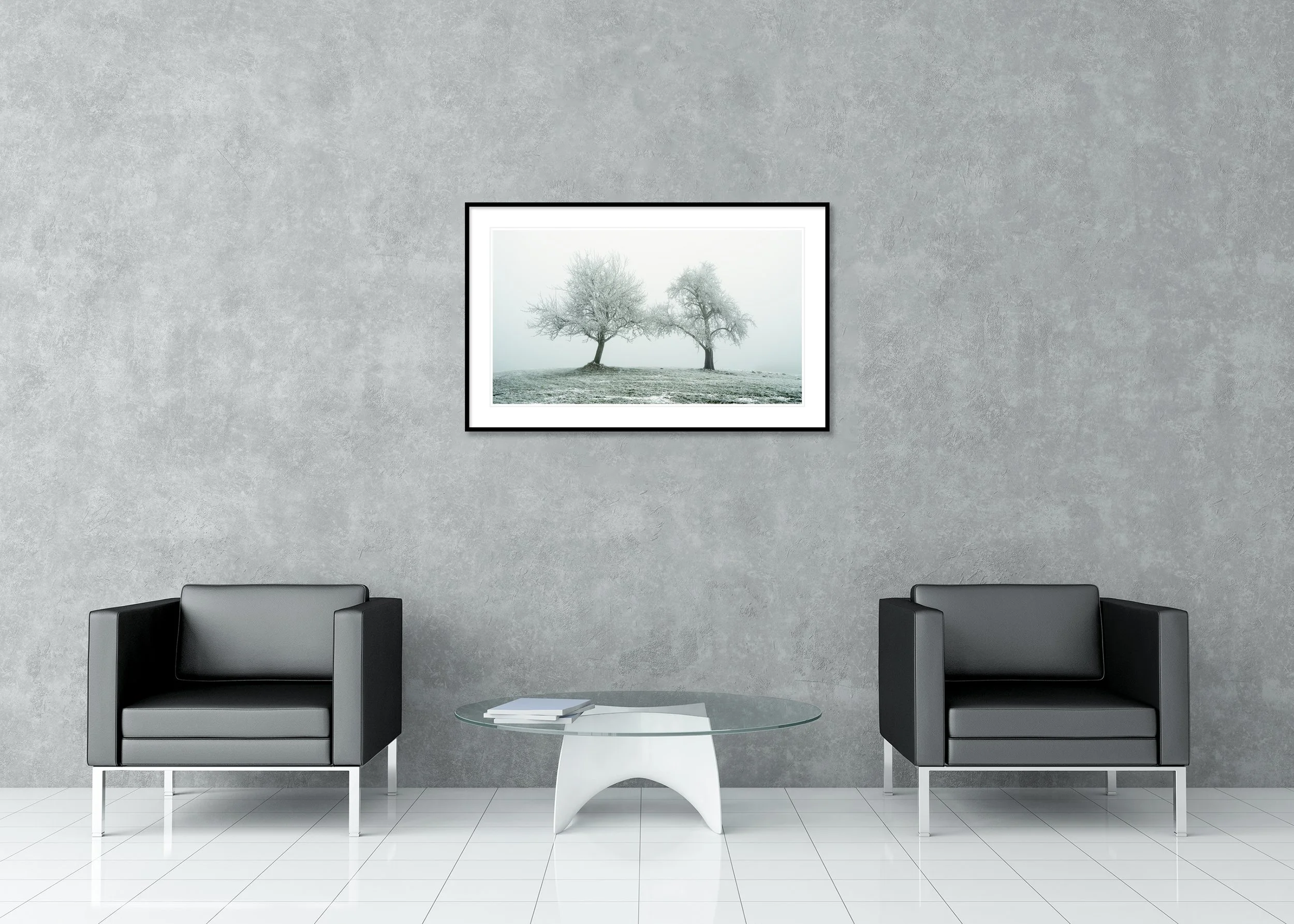 Frozen winter trees in a snow-dusted field, mounted photo print on Dibond in an aluminium ArtBox.