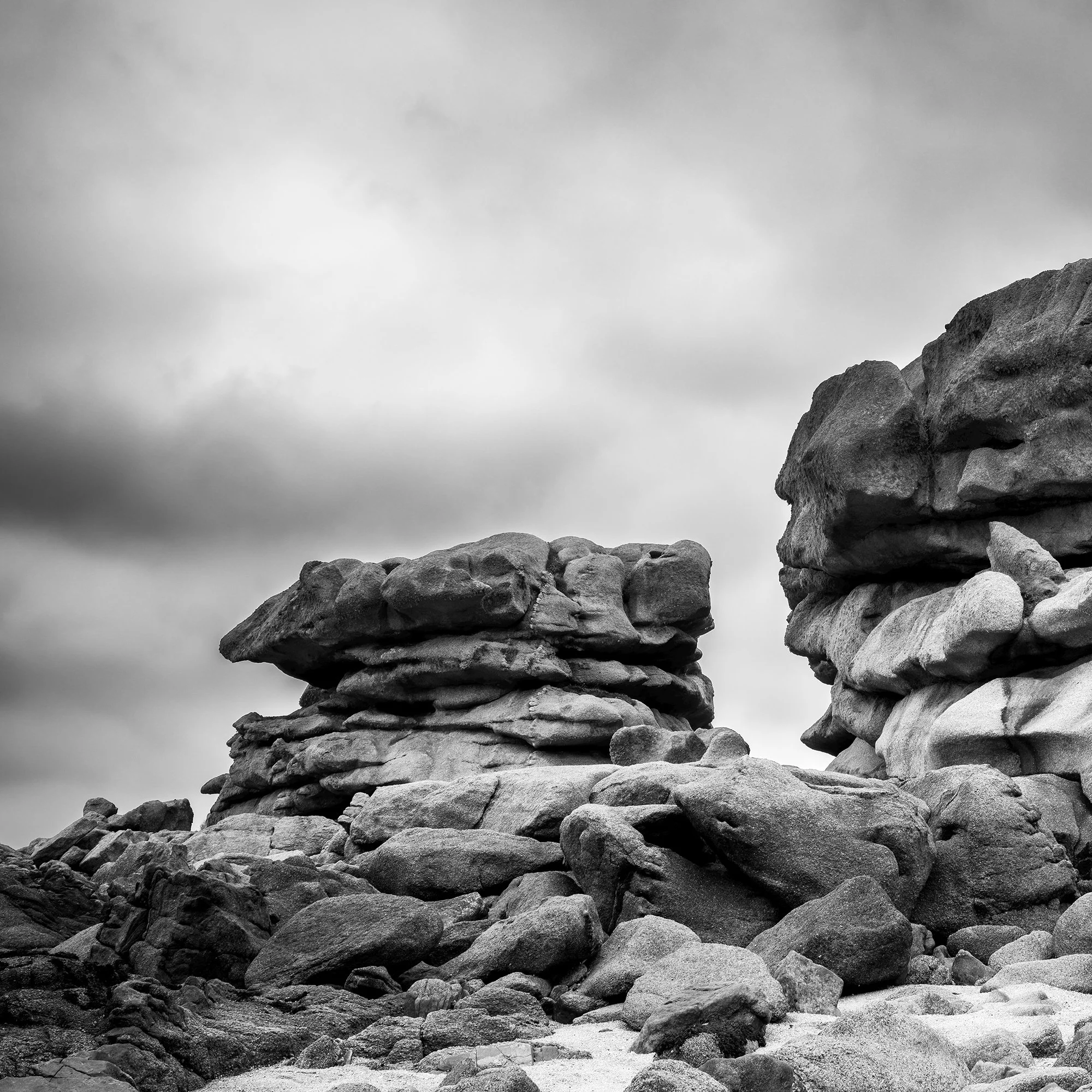 Close-up detail of Pink Granite Coast Panorama Study 1 showing weathered granite formations and rock textures in Brittany, France.