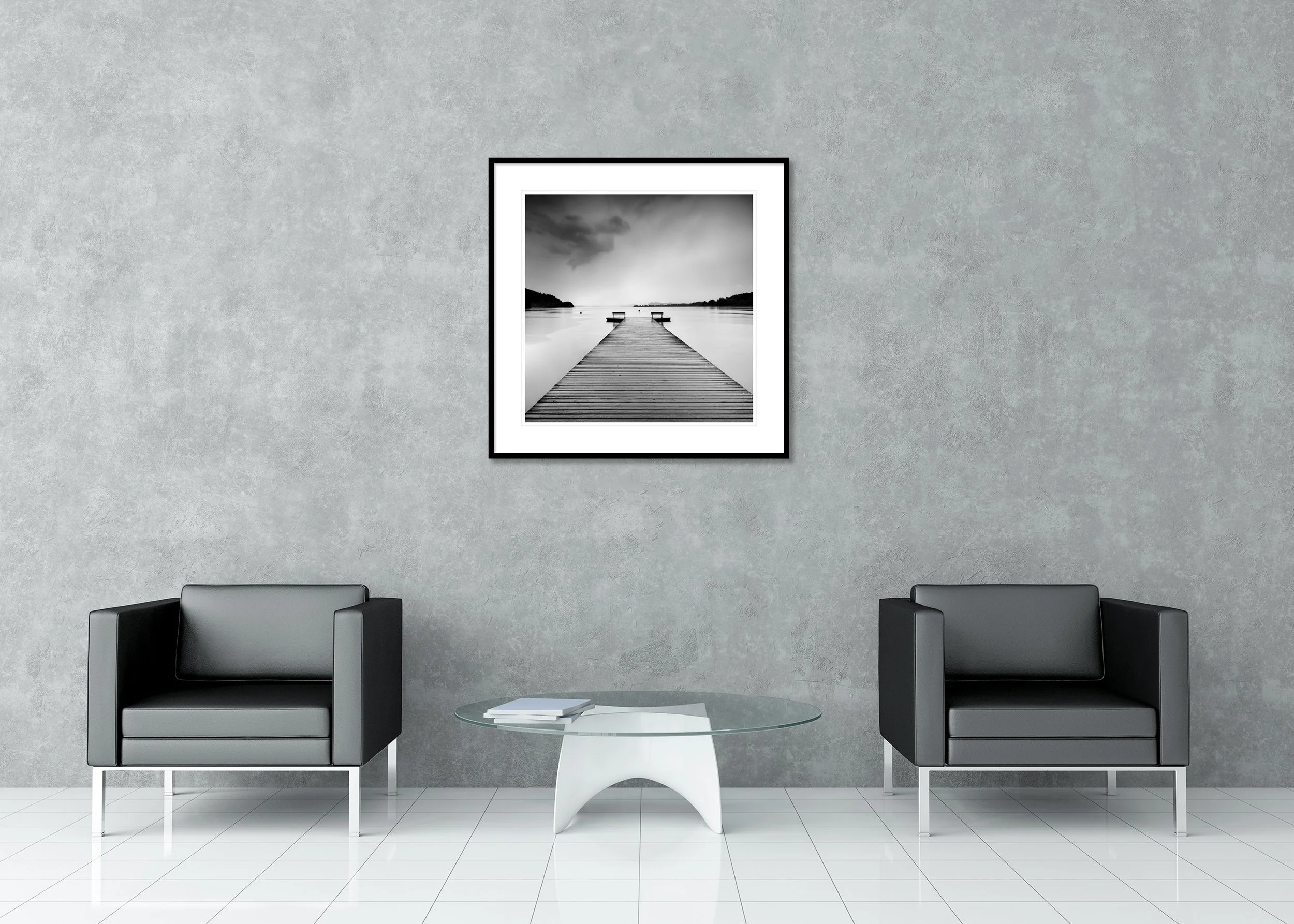 Wooden pier on Lake Wallersee, Austria, minimalist black and white waterscape, archival pigment print in a classic frame with a mount