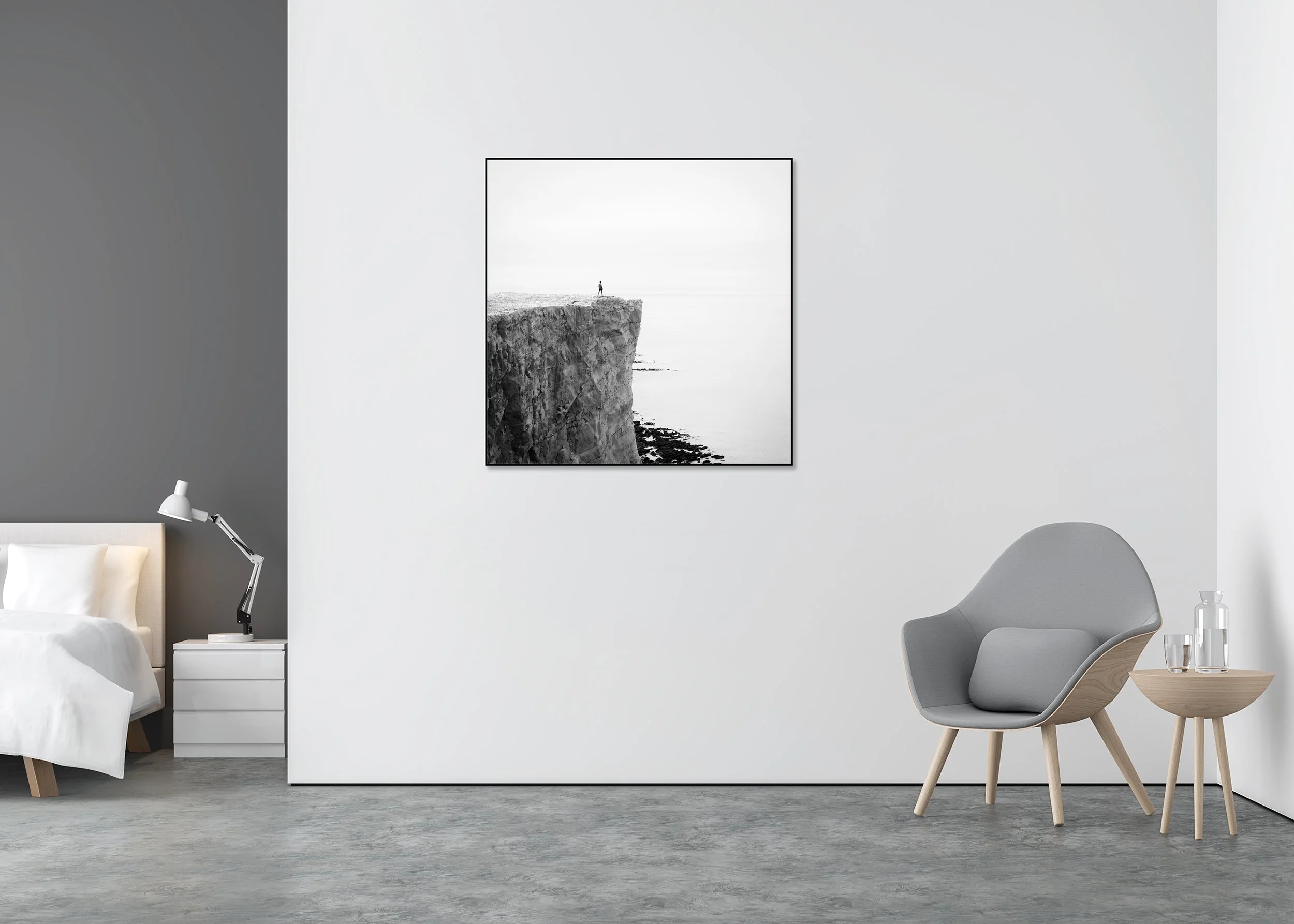 Black-and-white minimalist landscape of a lone figure on white cliffs above the sea, England coast — ChromaLuxe metal print, Aluminium ArtBox