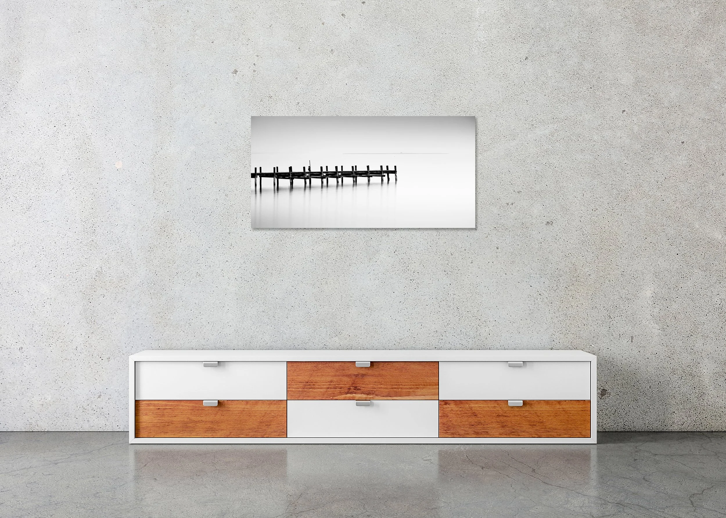 Gerald Berghammer - Foggy Wooden Dock Panorama, waterscape, lakeside, Austria, ChromaLuxe print on aluminium, frameless