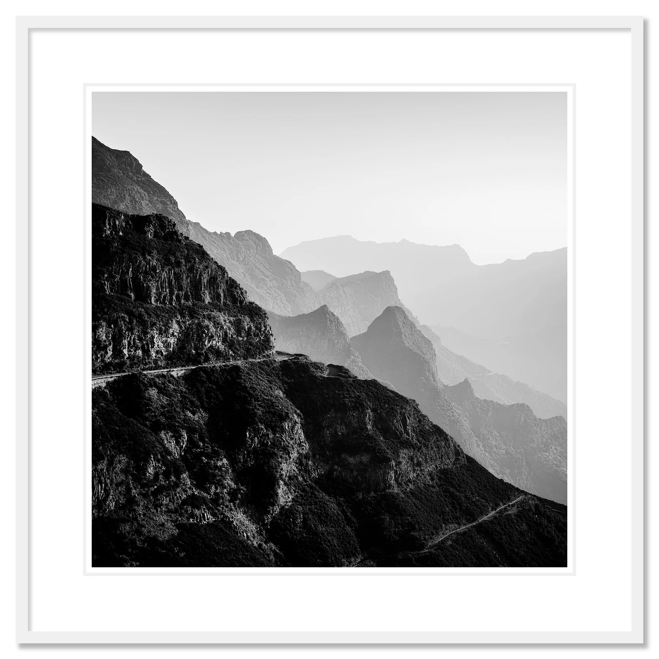 Madeira Peaks Study 1 by Gerald Berghammer, black-and-white fine art print in a white aluminium frame with white mount.