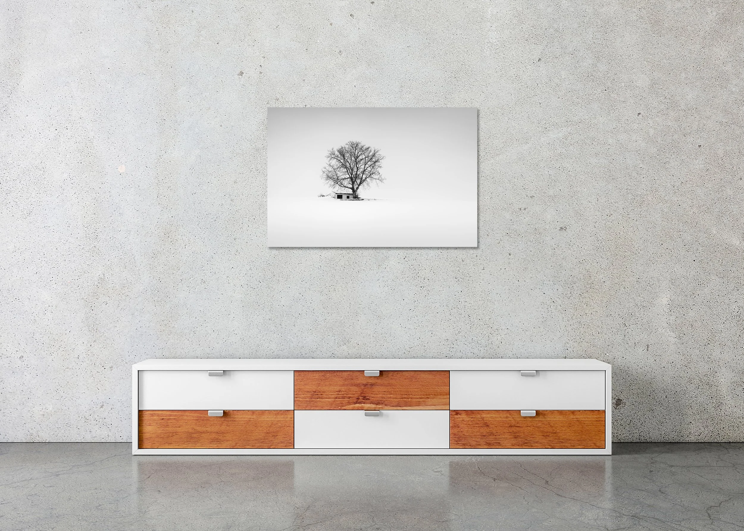 Minimalist Austria winter farmland scene with a wine press house, photo print mounted to Dibond, frameless.