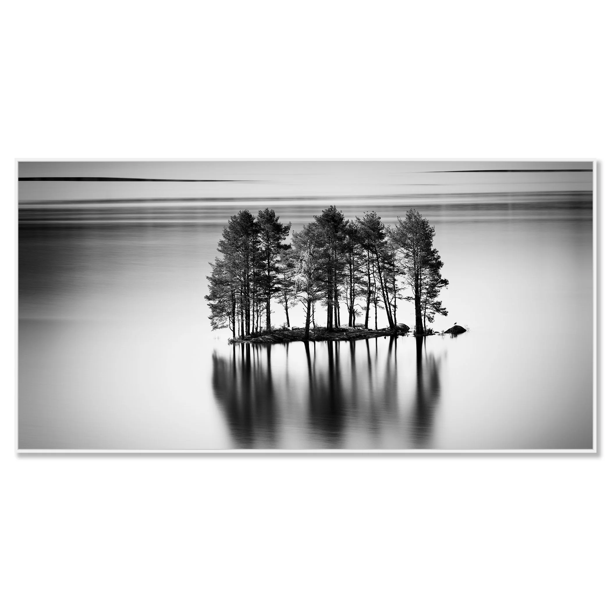 Monochrome fine art image of trees standing on a small island with soft water reflections – framed ArtBox white