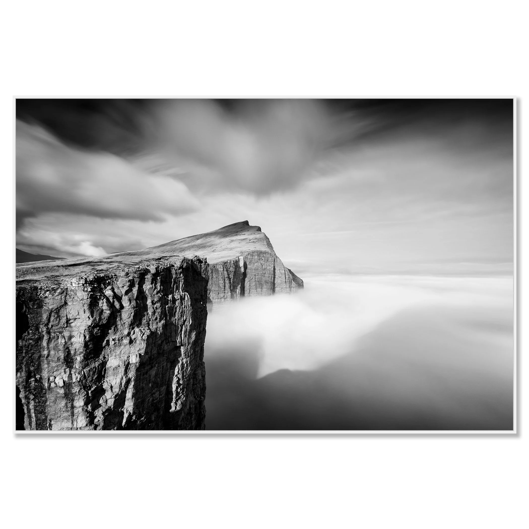 Foggy Slave Cliff, Study 1 – black-and-white Dibond print in a white aluminium ArtBox by Gerald Berghammer.