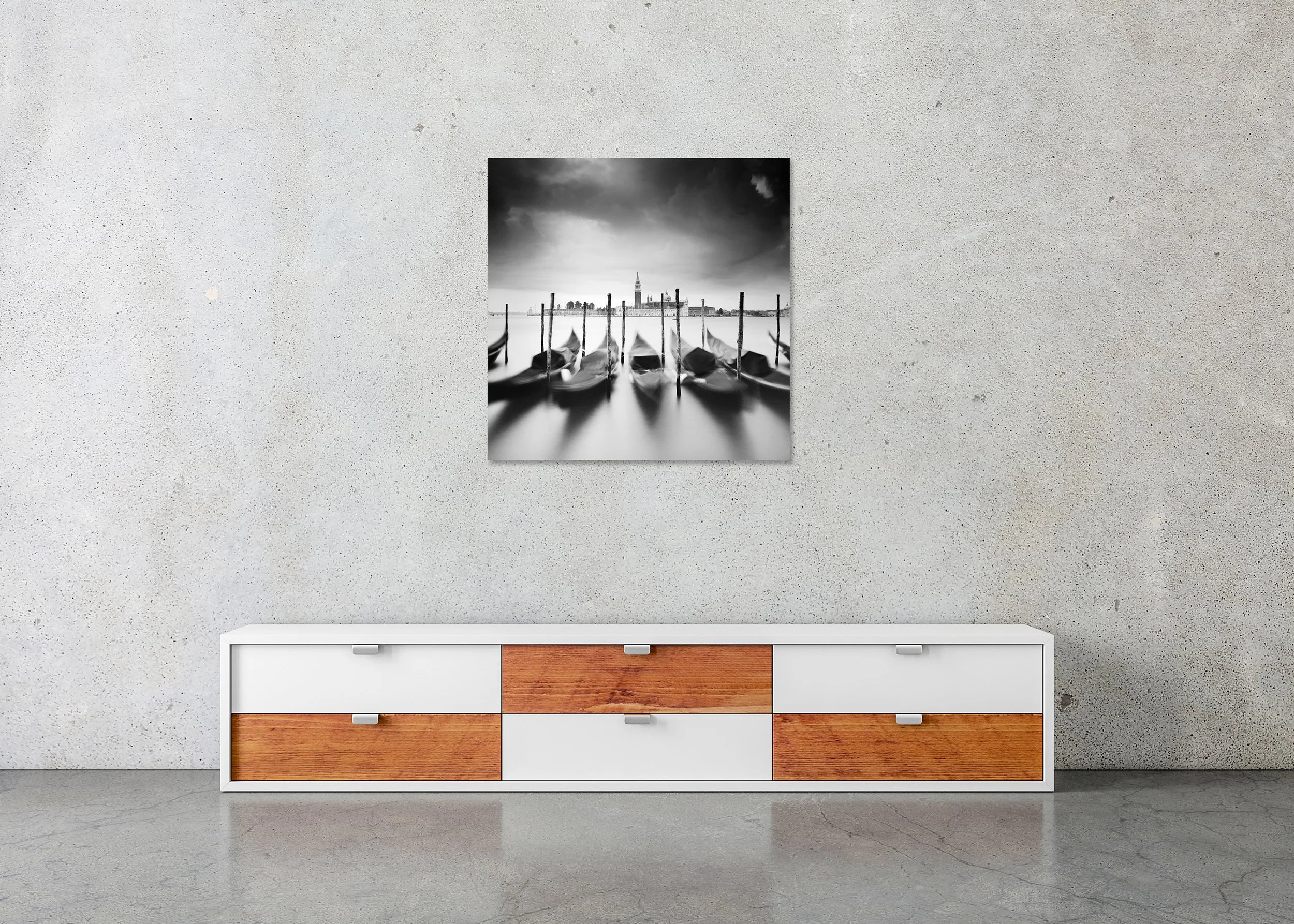 Basilica di San Giorgio Maggiore Study 1 displayed in a modern interior as a frameless black-and-white artwork mounted on aluminium Dibond by Gerald Berghammer.