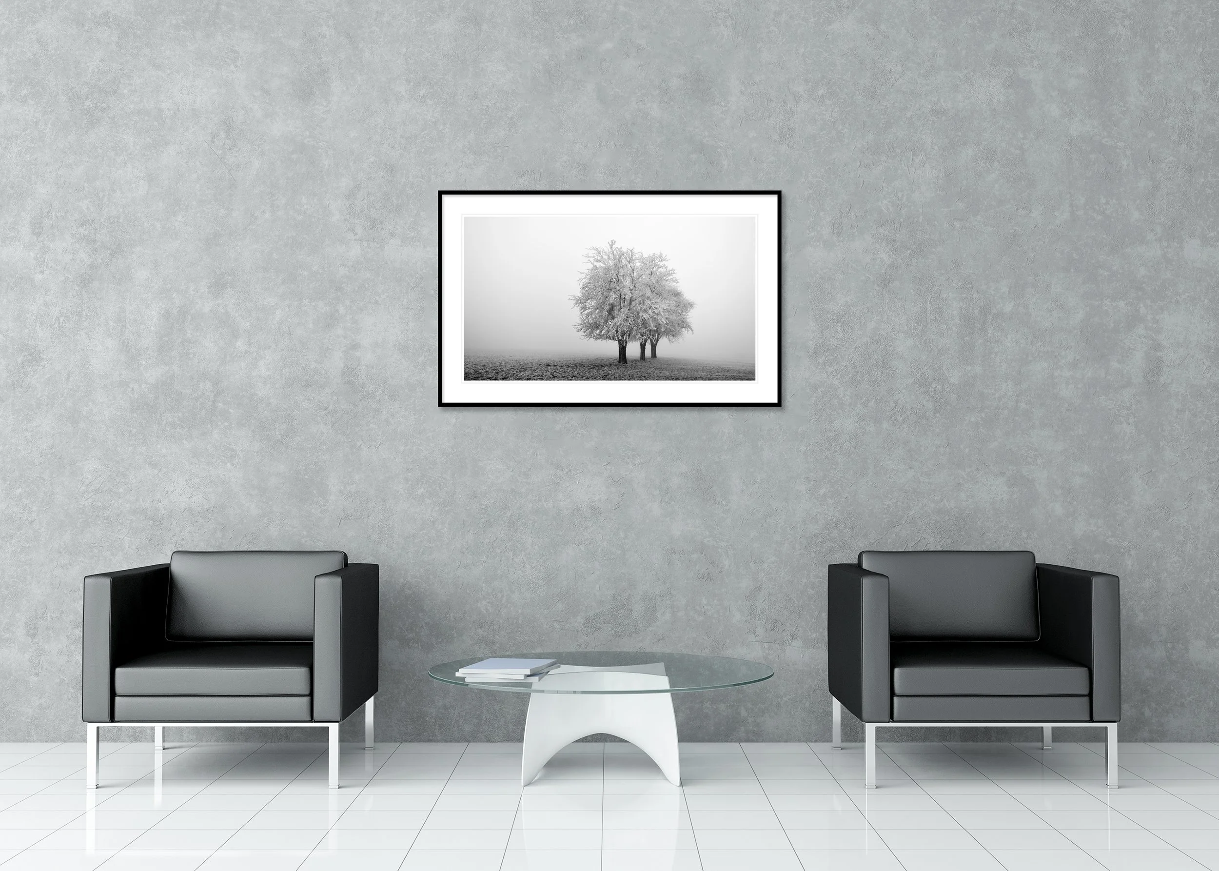 Frozen Apple Trees Panorama Study 1 displayed in a modern interior as an archival pigment print in a black aluminium frame with a white mount by Gerald Berghammer.